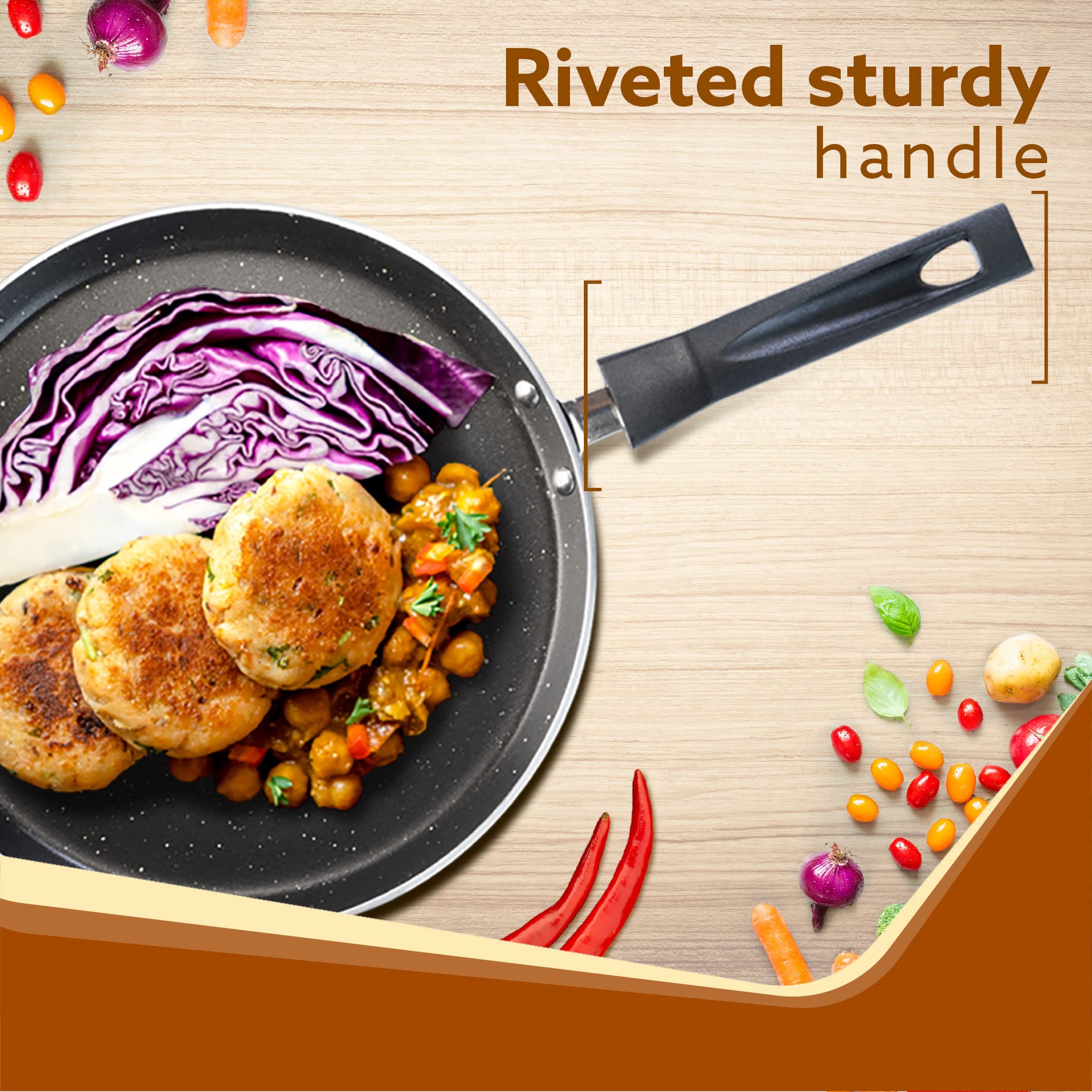 AGARO Elegant Non Stick Tawa, 28 cm Diameter, Induction and Gas Oven Friendly, Riveted Cool Touch Handle, Granite Finish, PFOA F