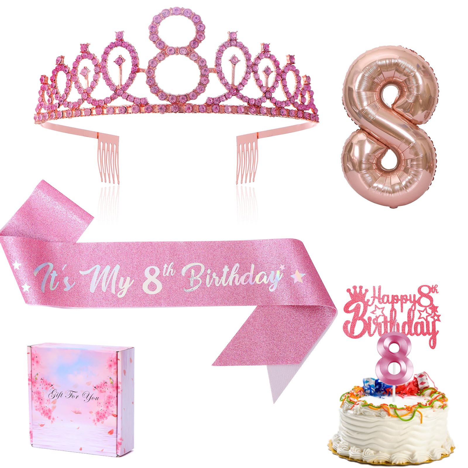 8Th Birthday Candle Sash And Tiara Sets,It'S My 8Th Birthday Sash Rhinestone Crown Happy Birthday Cake Topper 32Inch Foil Balloo
