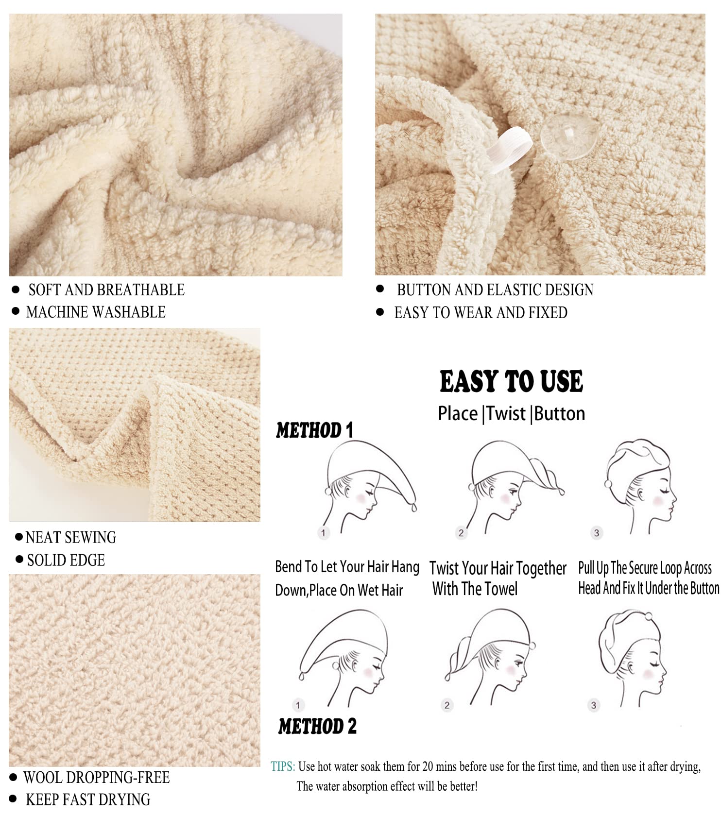 ELLEWIN Hair Towel Wrap 2 Pack, Microfiber Hair Drying Shower Turban with Buttons, Super Absorbent Quick Dry Hair Towels for Cur