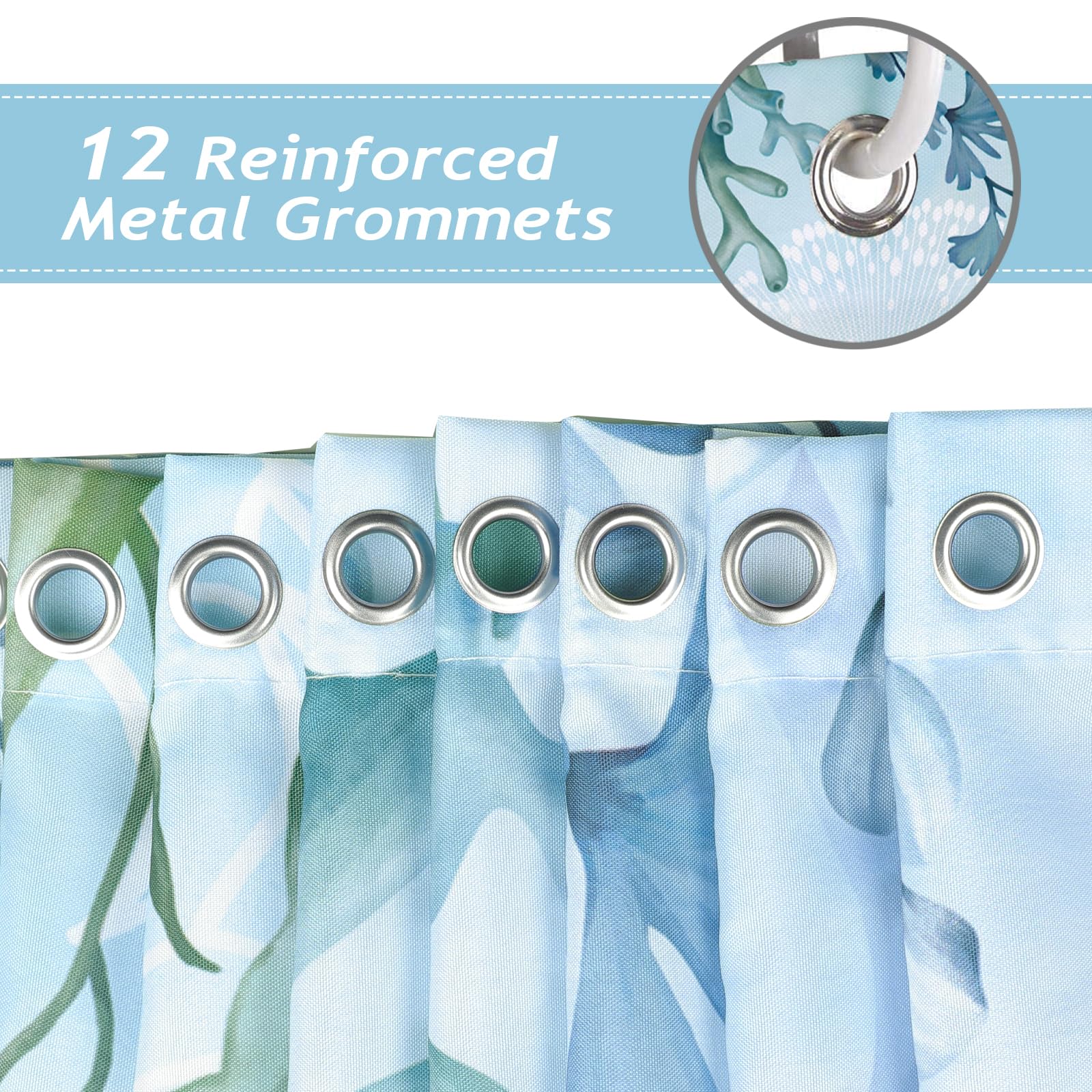 Bonhause Nautical Coastal Jellyfish Shower Curtain, Teal Ocean Theme Underwater Sealife Coral Seahorse Sea Turtle Bathroom Curta