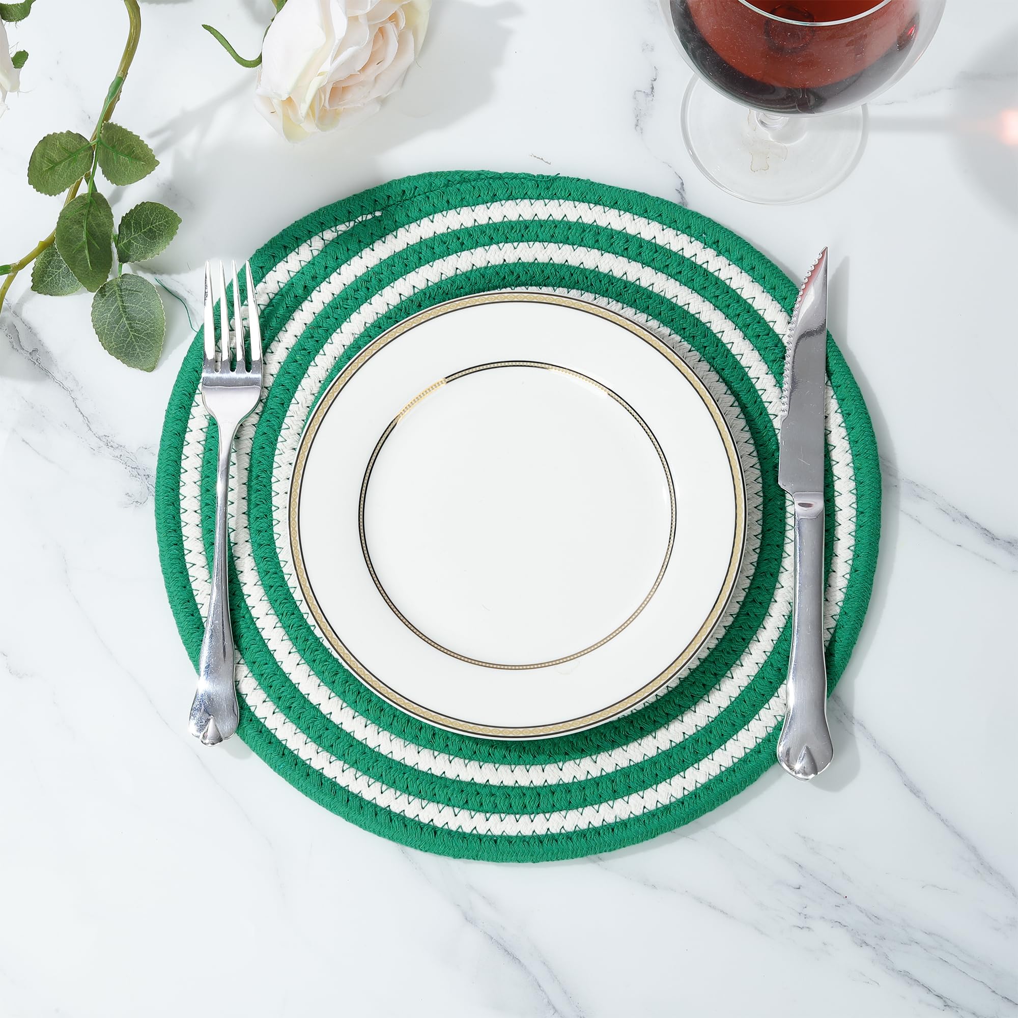 Fanquare 12 Inch Round Braided Placemats Set Of 4 Christmas Green Striped Cotton Rope Woven Table Mats Durable Non-Slip Placemat