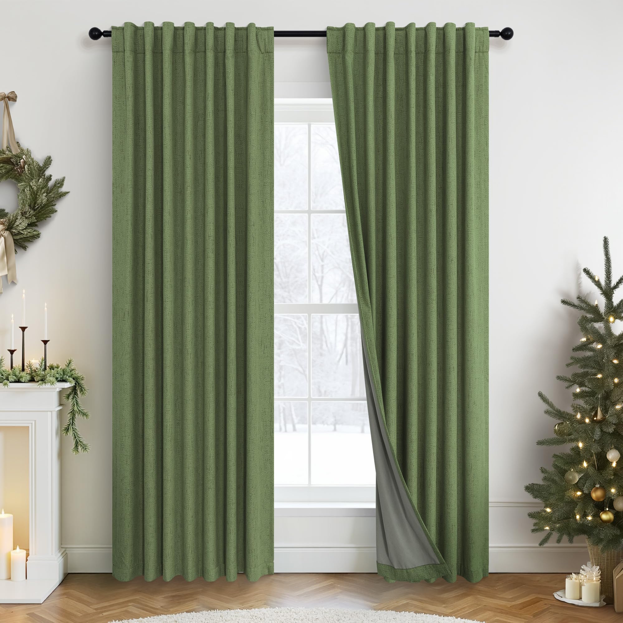 Ptialk Elegant Blackout Curtains for Living Room Eclectic Moody Dark Olive Green Linen Curtains 72 Inch Length 2 Panels Set Long