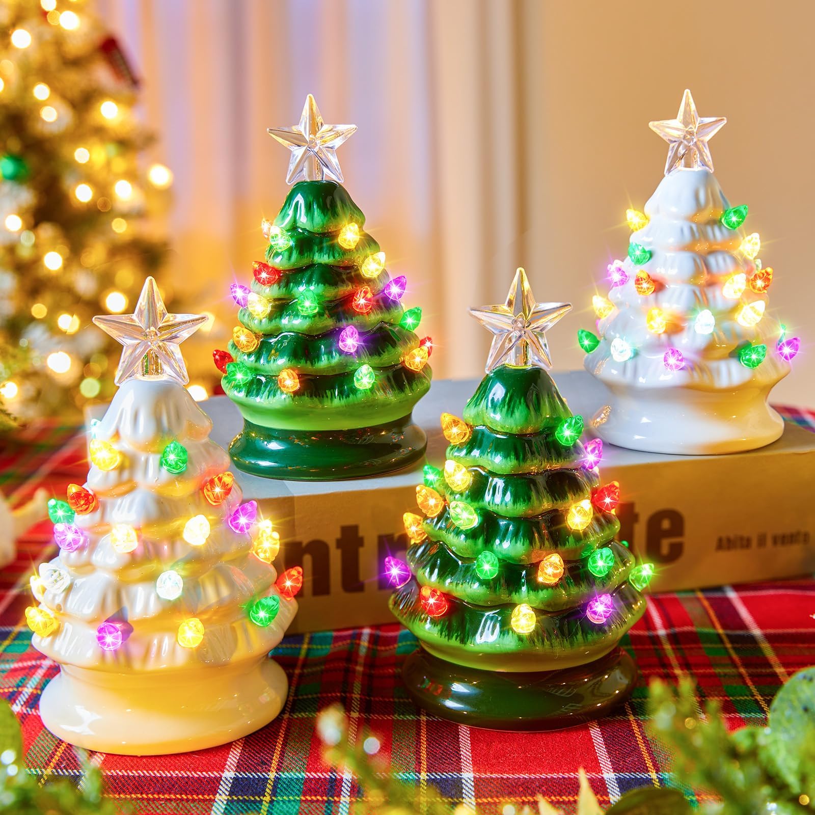 5 Inch Mini Ceramic Christmas Tree Set - 4 Pack Pre-lit Tabletop Christmas Tree with Multicolored LED Lights, Battery Operated S