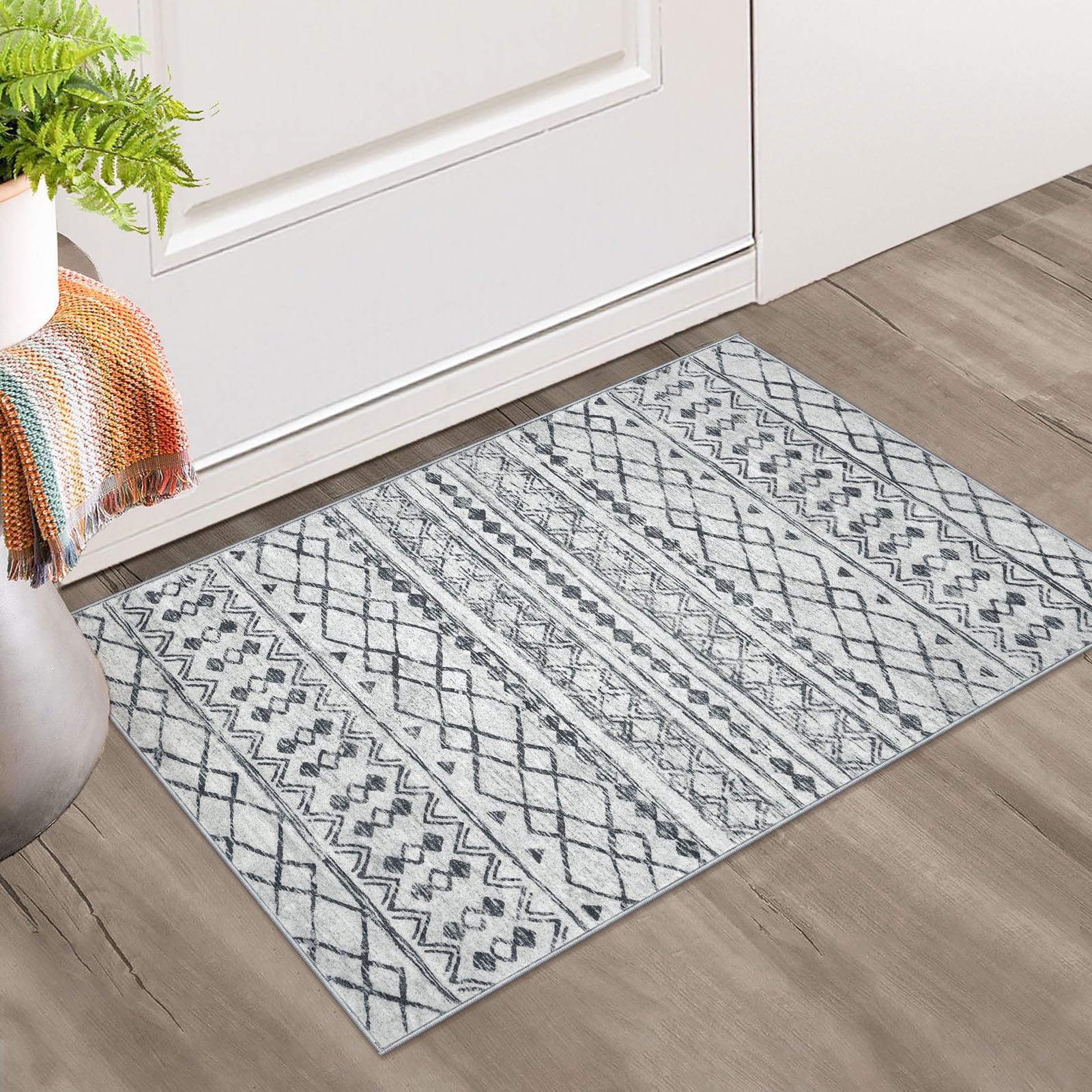 KUTA Moroccan Rugs for Entryway, 2x3 Grey Entryway Rug Non-Slip Washable Small Area Rug, Ultra Soft Vintage Geometric Low-Pile I
