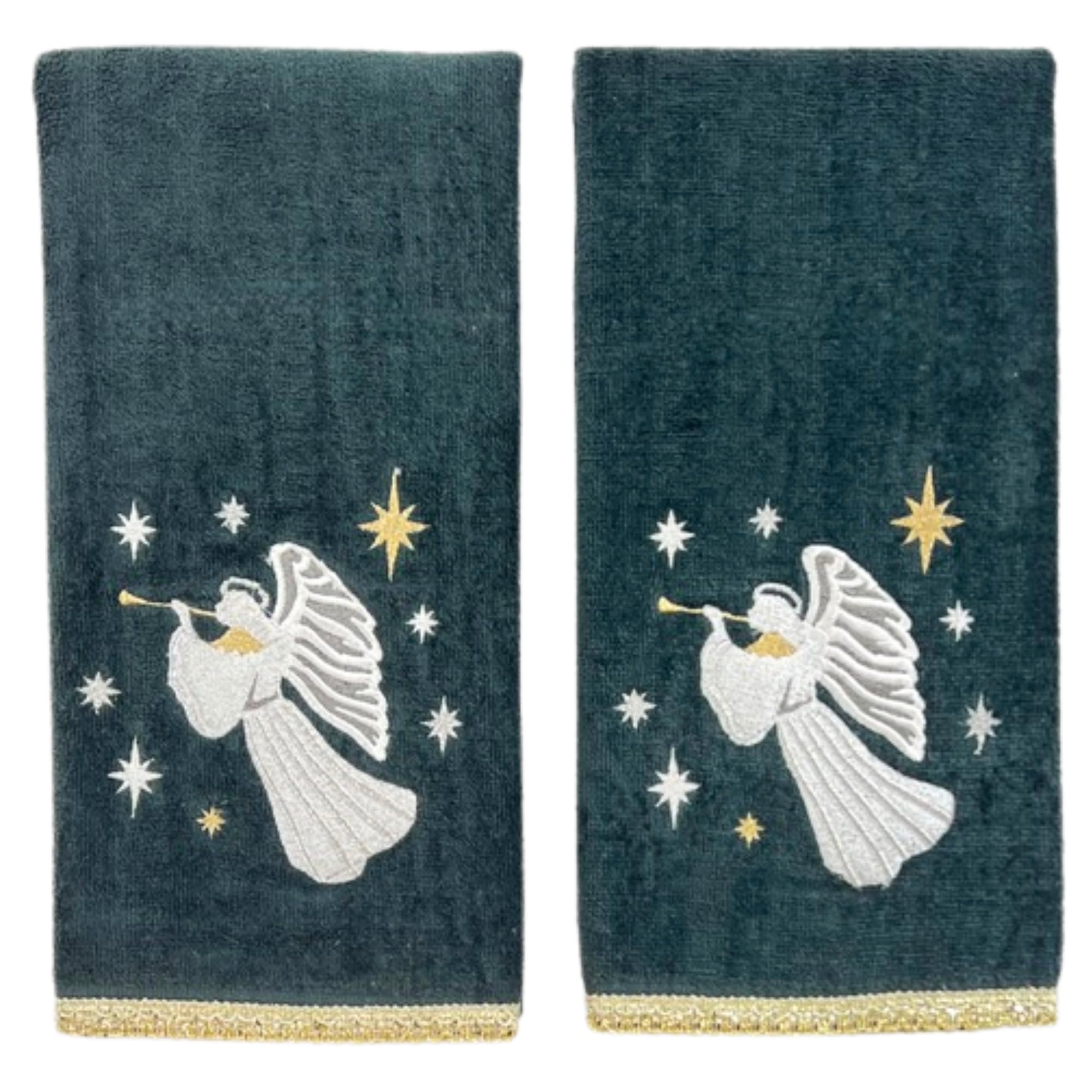 Holiday Christmas Angel Bath Hand Towels, Luxuious Embroidered, Set Of 2, Dark Gray, 16 X 25 Inches, 100% Cotton