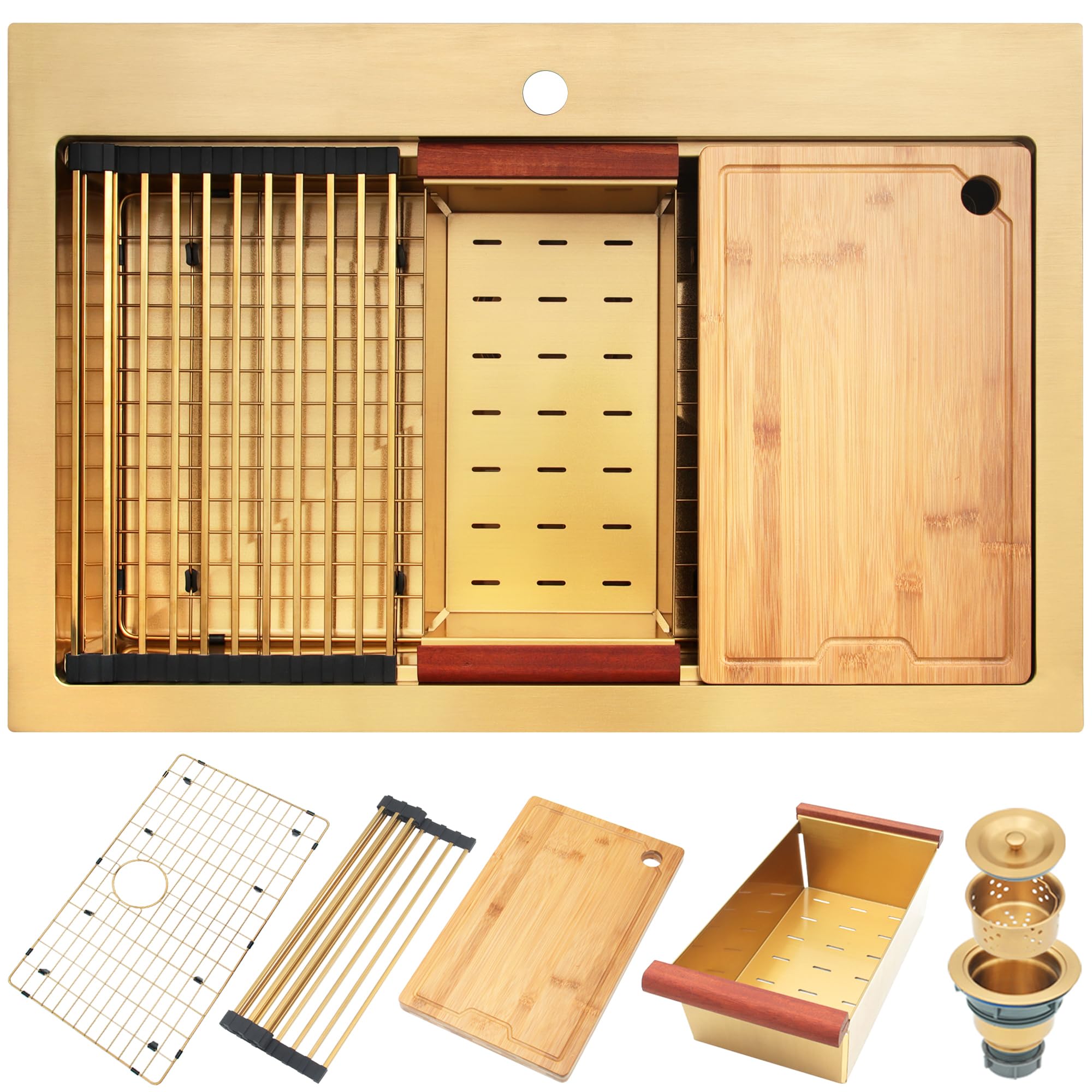 Monsinta Gold Kitchen Sink, 33    x 22    Drop In Kitchen Sinks, Single Bowl Workstation Sink with Maching Accessories, Stainles