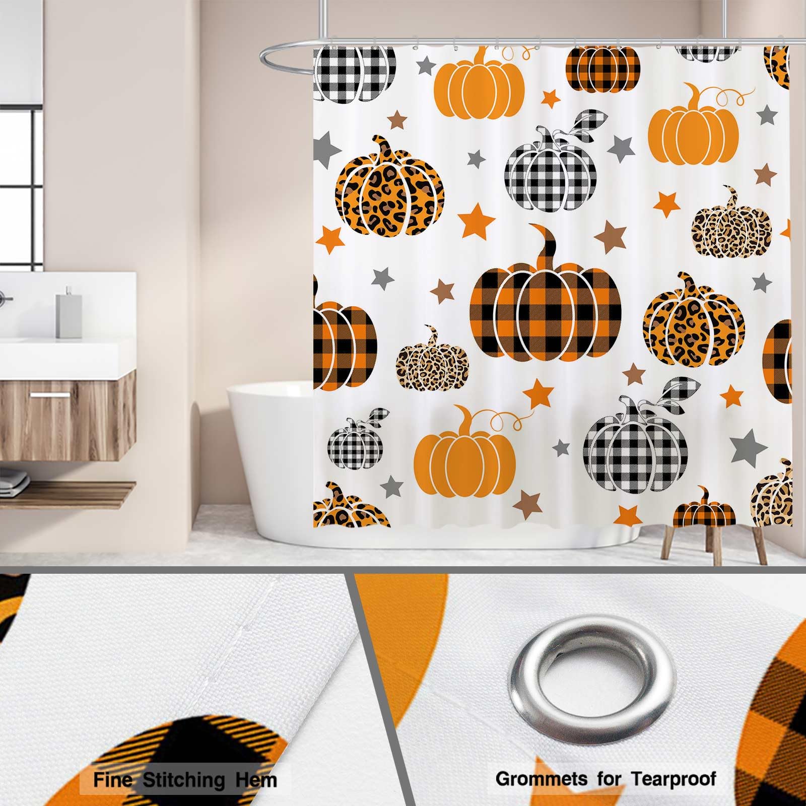 Funnytree 72''X72'' Autumn Pumpkin Fall Halloween Thanksgiving Harvest Buffalo Check Farmhouse Shower Curtain For Bathroom Decor