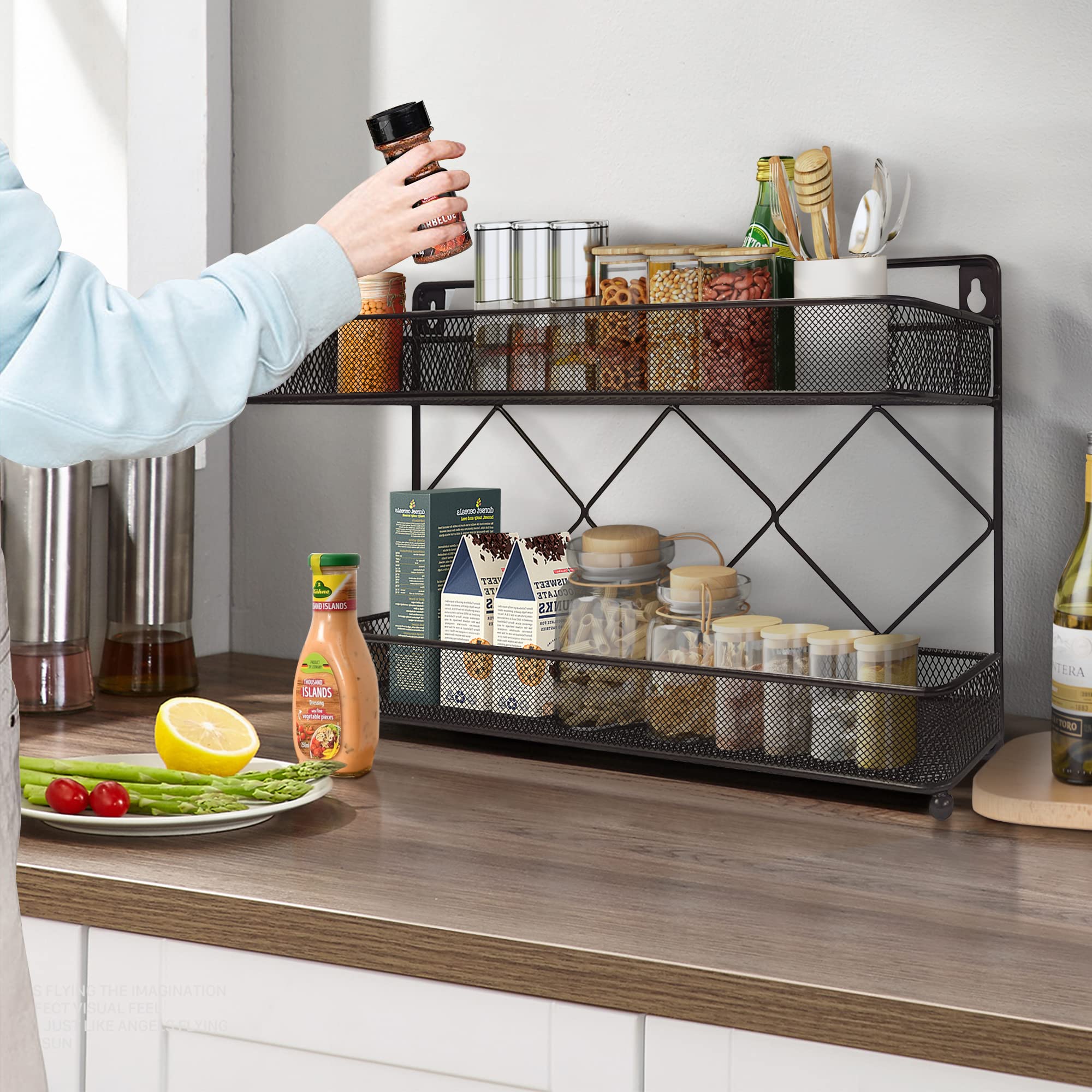 Megier 2 Tier Metal Kitchen Counter-top or Wall Mount Spice Rack, Jars Storage Organizer, Cabinet Holder, spice seasoning organi