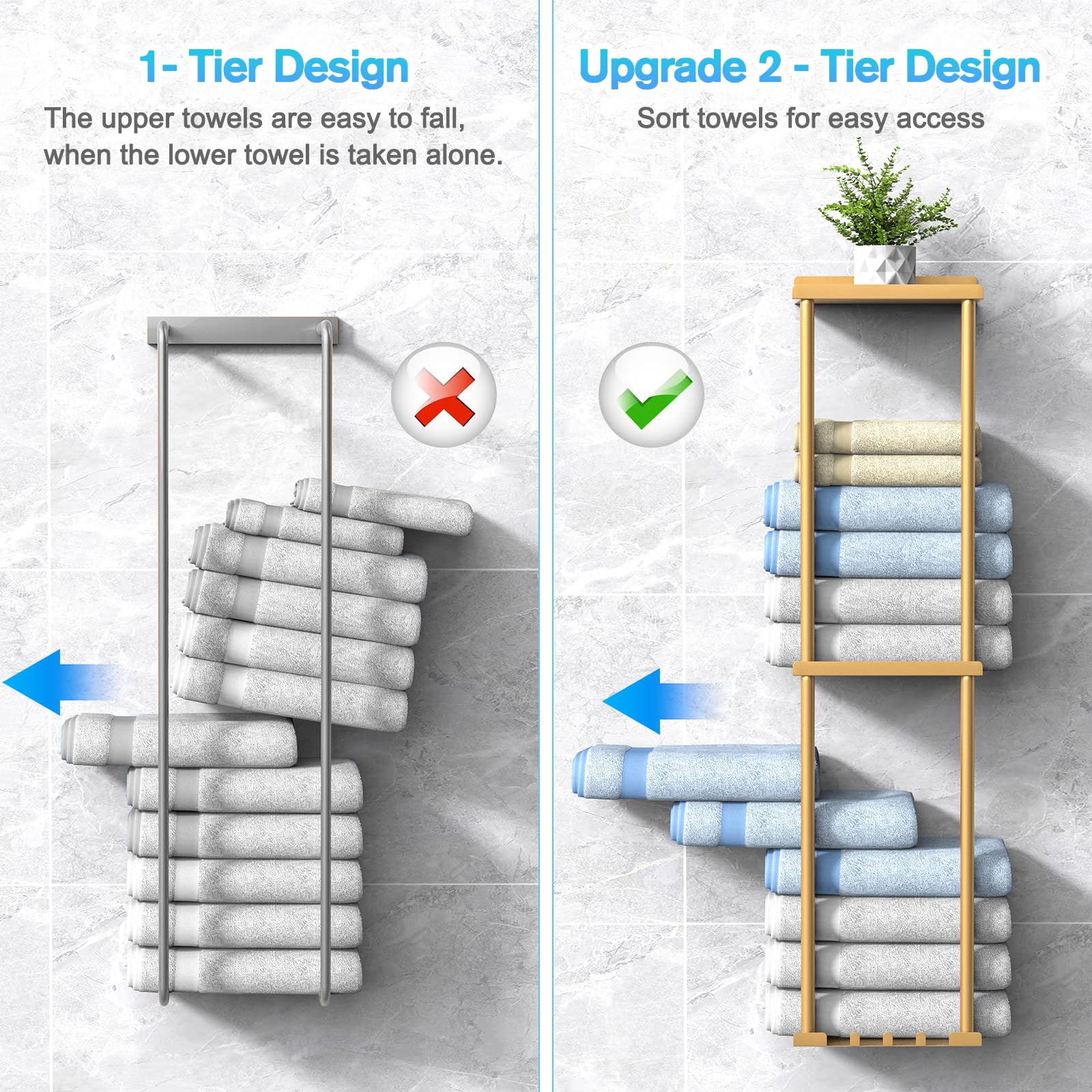 Liuoud Towel Rack For Bathroom, Wall Mounted Bath Towel Holder Storage Organizer For Rolled Towels, Vertical Towel Rack With She