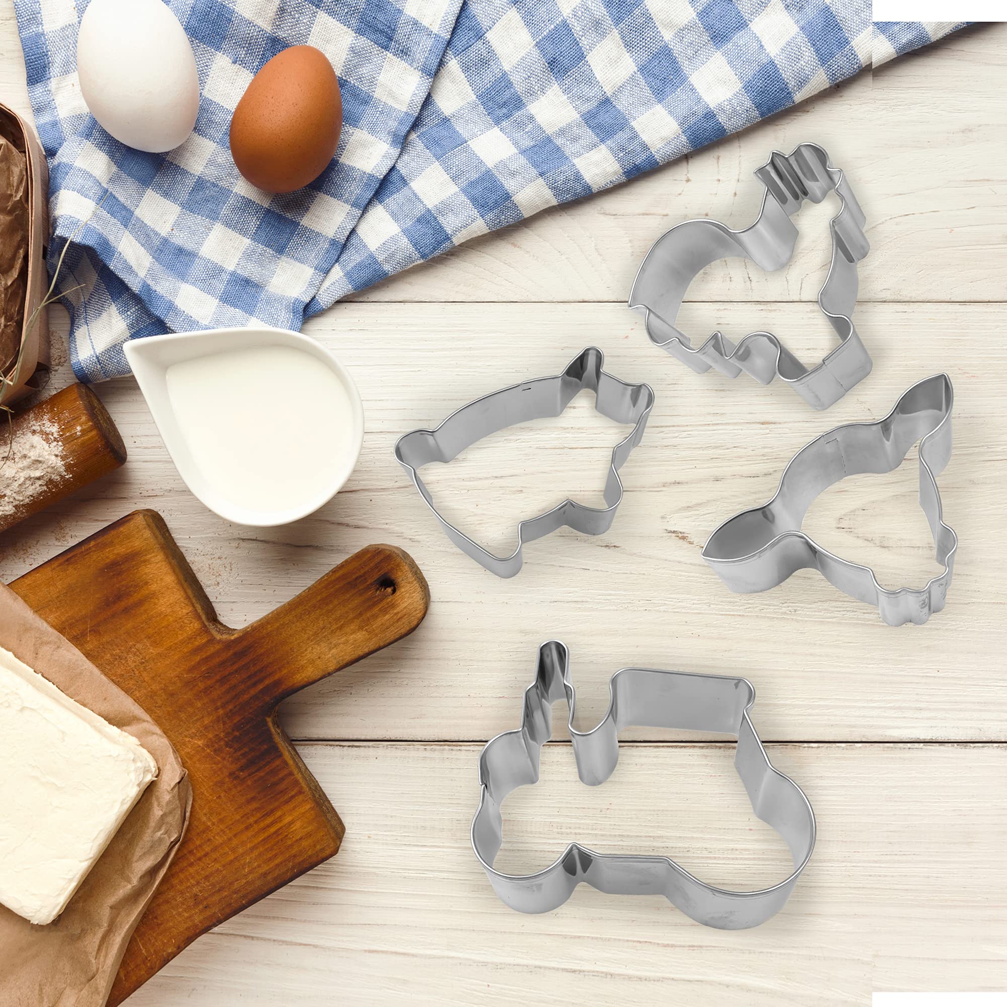 10 Pcs Farm Cookie Cutter Set With Recipe Booklet Rooster Cow Pig Lamb Horse Barn And Tractor Cow Face Milk Bottle Bull Head