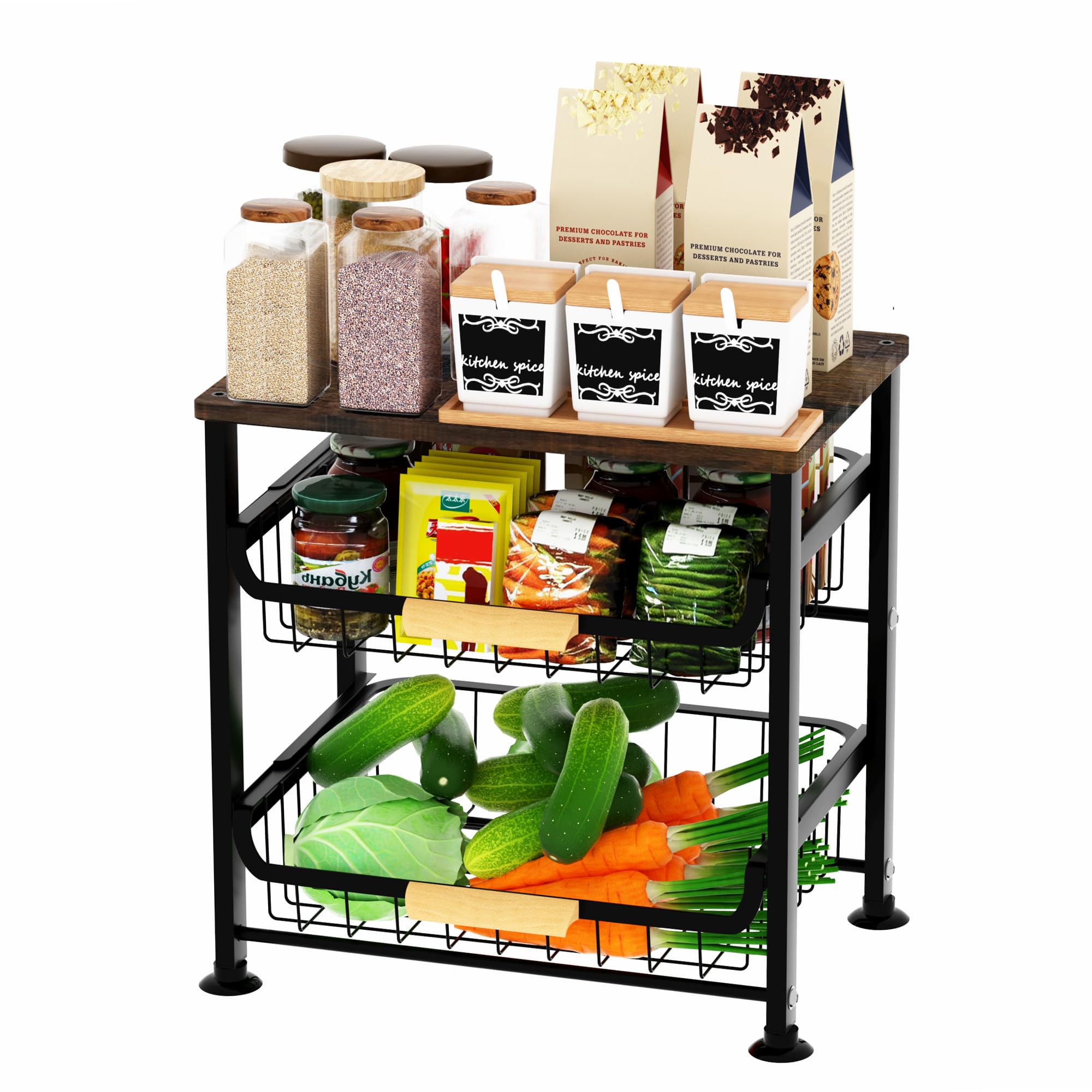 Uninol Pull Out Spice Rack Organizer For Cabinet With Handle, Kitchen Fruits/Vegetables Storage Basket,3 TierCountertop Storage