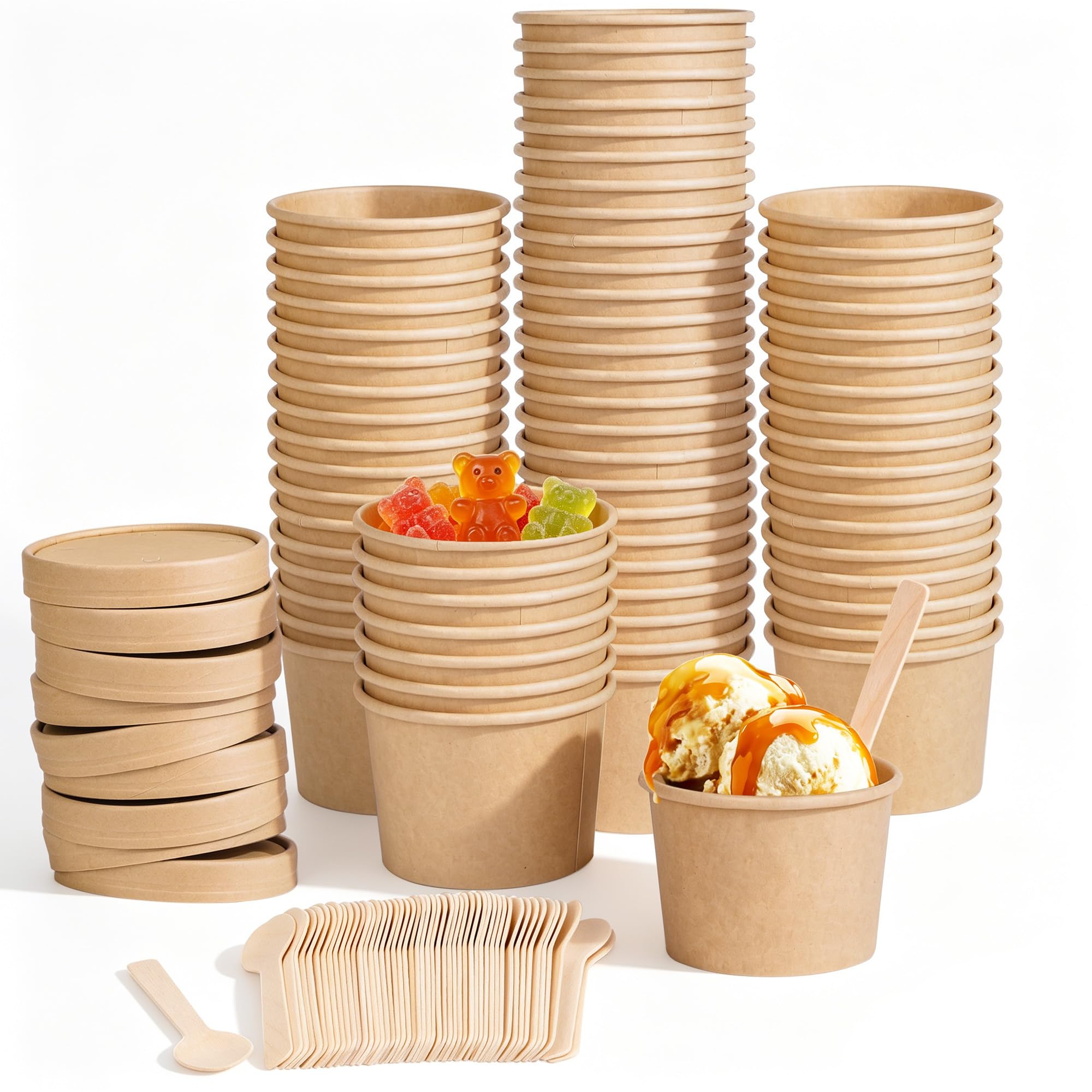 Ruisita 50 Pack Paper Bowls with Lids and Spoons 8 oz Heavy Duty Soup Containers Disposable Ice Cream Cups with Lids Snack Desse