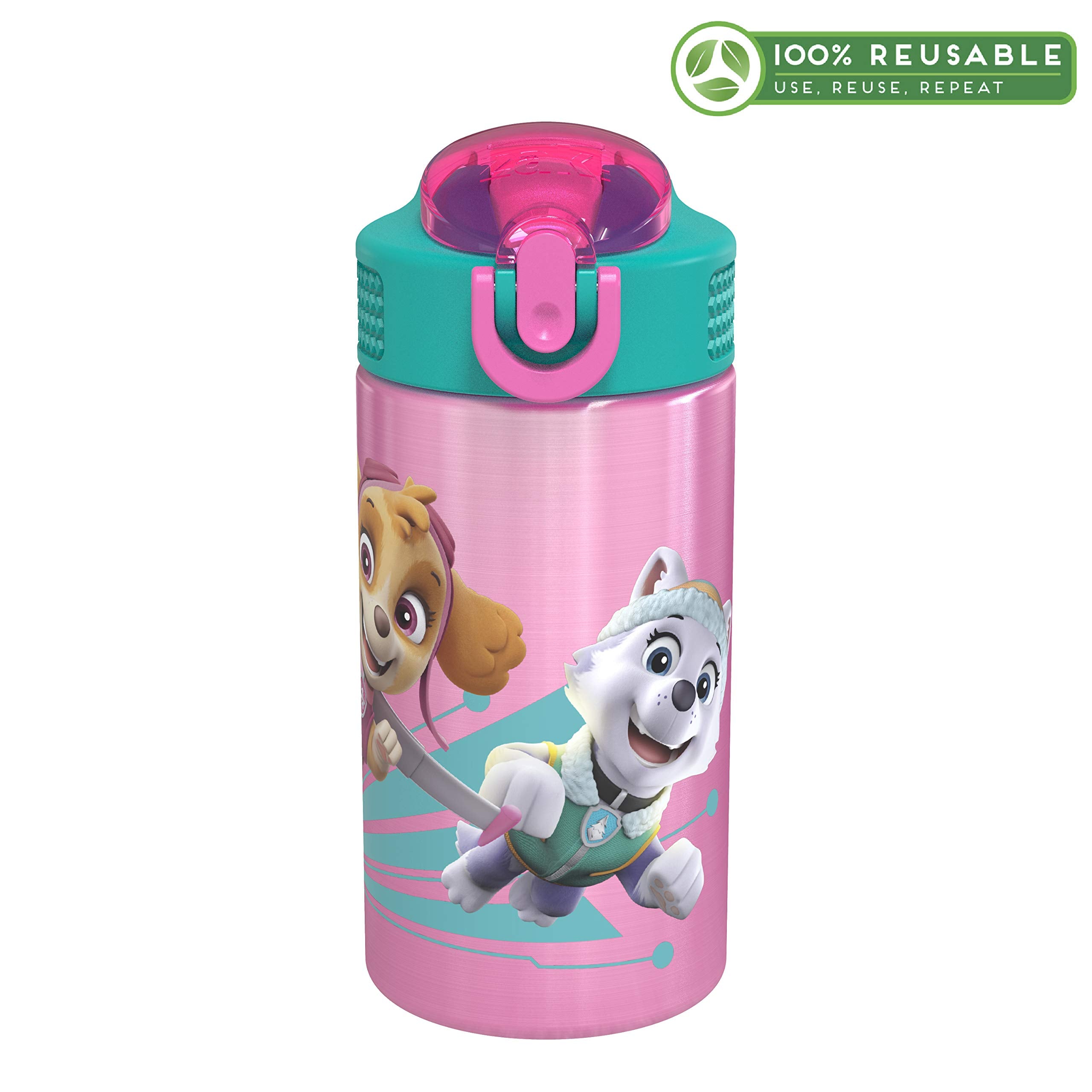 Zak Designs 18/8 Stainless Steel Kids Water Bottle with Flip-up Straw Locking Spout Cover  Durable Cup for Sports or Travel (15.5oz  Paw Patrol Skye) PWPT-S732