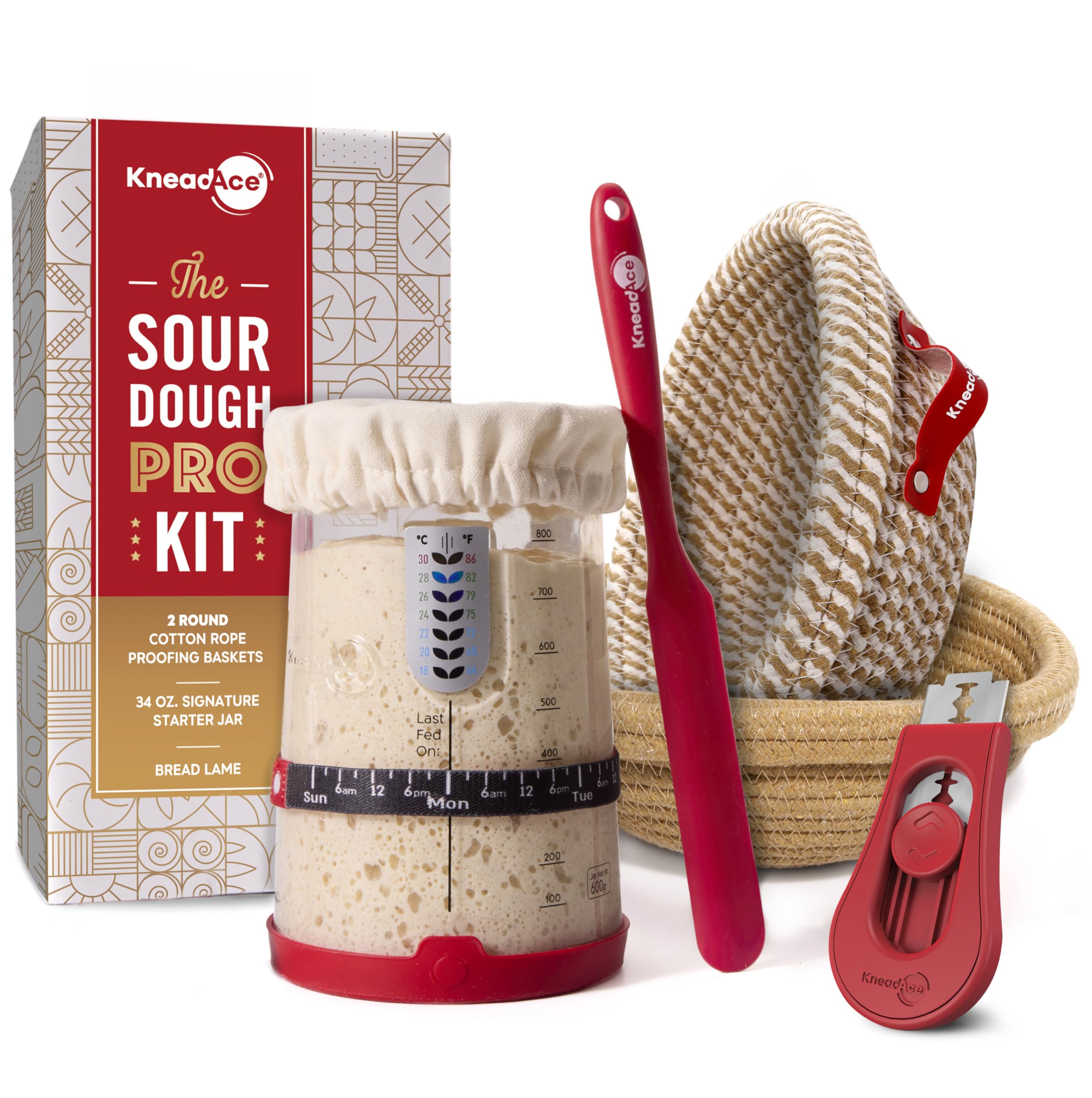 KneadAce Sourdough Starter Kit - 34oz Starter Jar, 2 Round Banneton Proofing Baskets, Magnetic Bread Lame for Scoring - Gift for