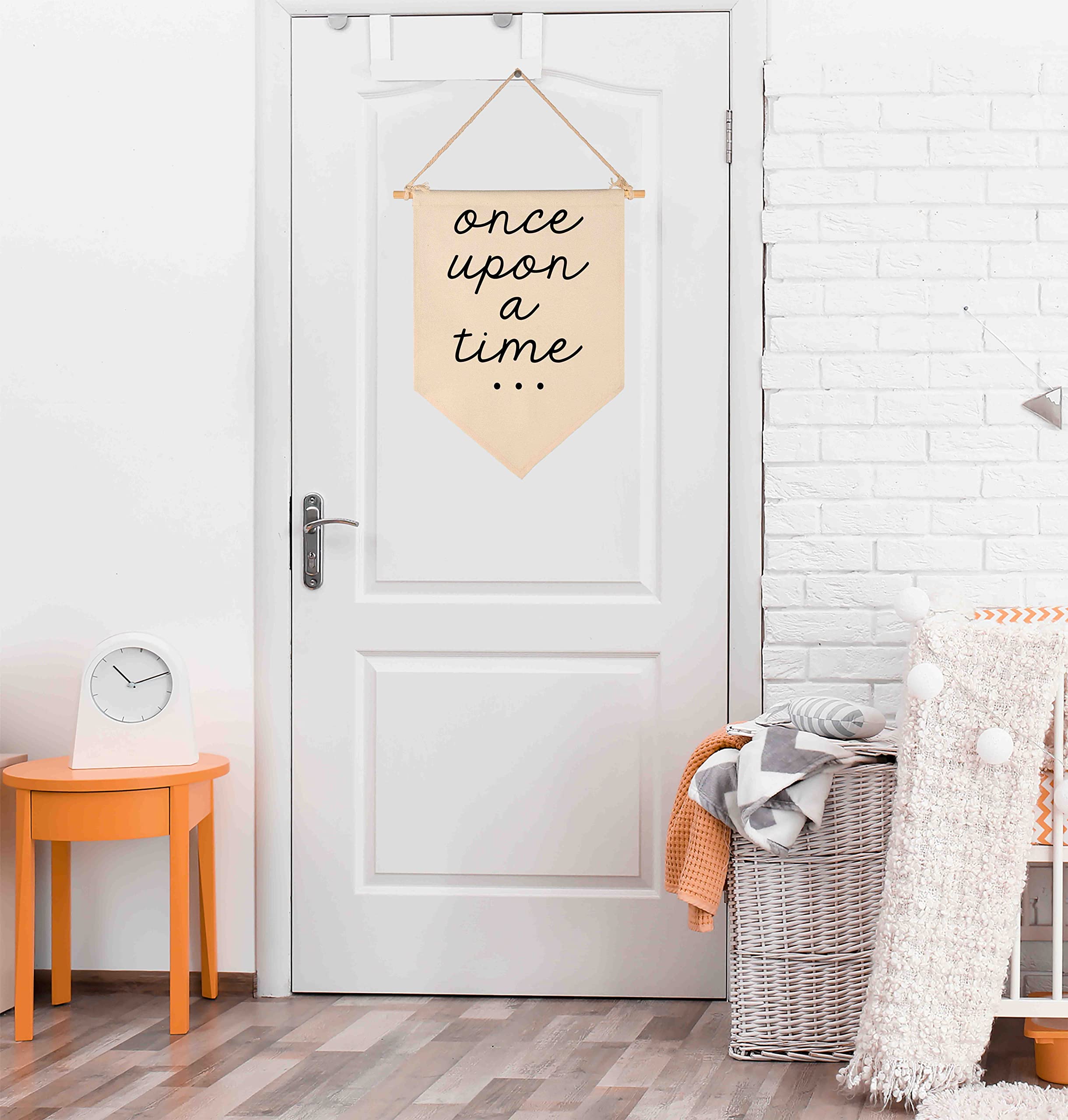 Once Upon a Time-Decor Gift for Nursery Bedroom Playroom Front Door Bookshel Bookcase Reading Corner-Birthday Christmas Gift-Canvas Hanging Flag Banner Wall Sign Decor Gift for Baby Kids Girl Boy Teen
