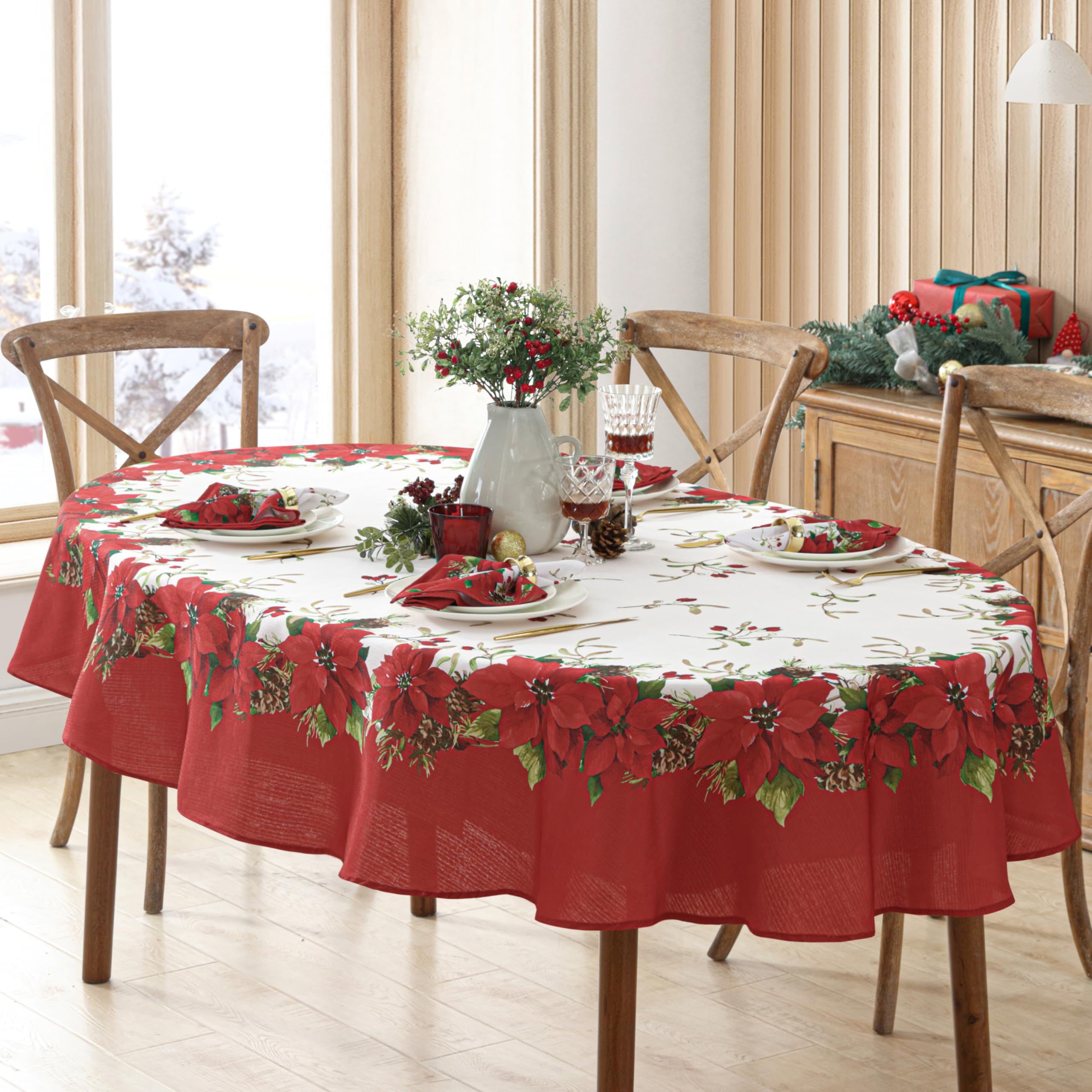 Newbridge Christmas Blooming Poinsettias Double Bordered 60 X 84 Inch Oval Fabric Tablecloth, Holiday Red And White Poinsettia D