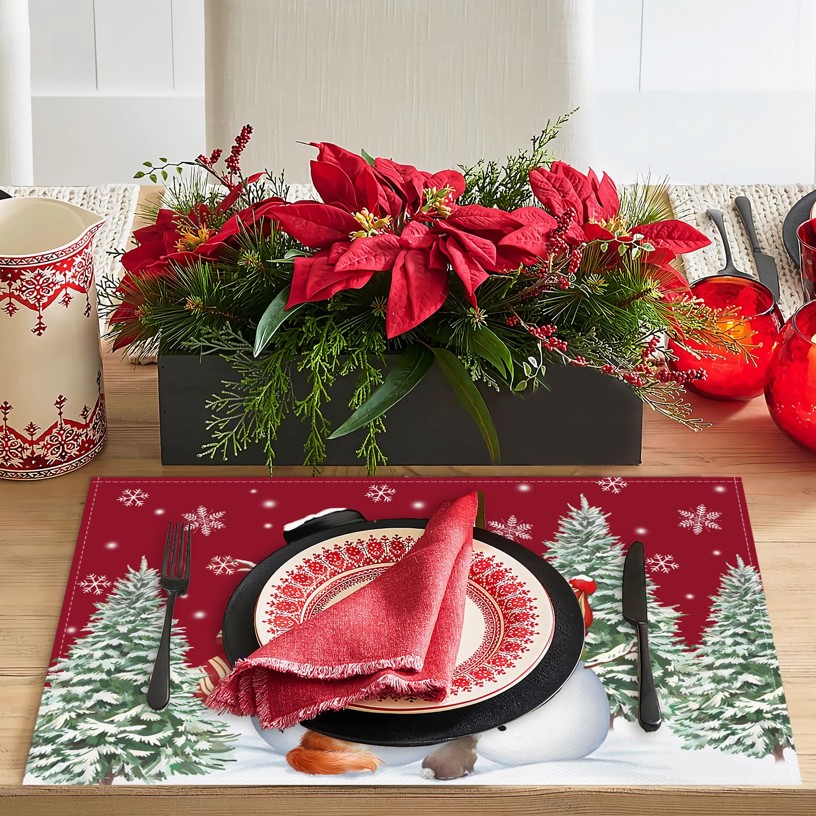 Bonhause Christmas Red Snowman Placemats Set Of 4, 12X18 Inch Winter Snow And Xmas Trees Kitchen Dinning Table Mats Washable Pla