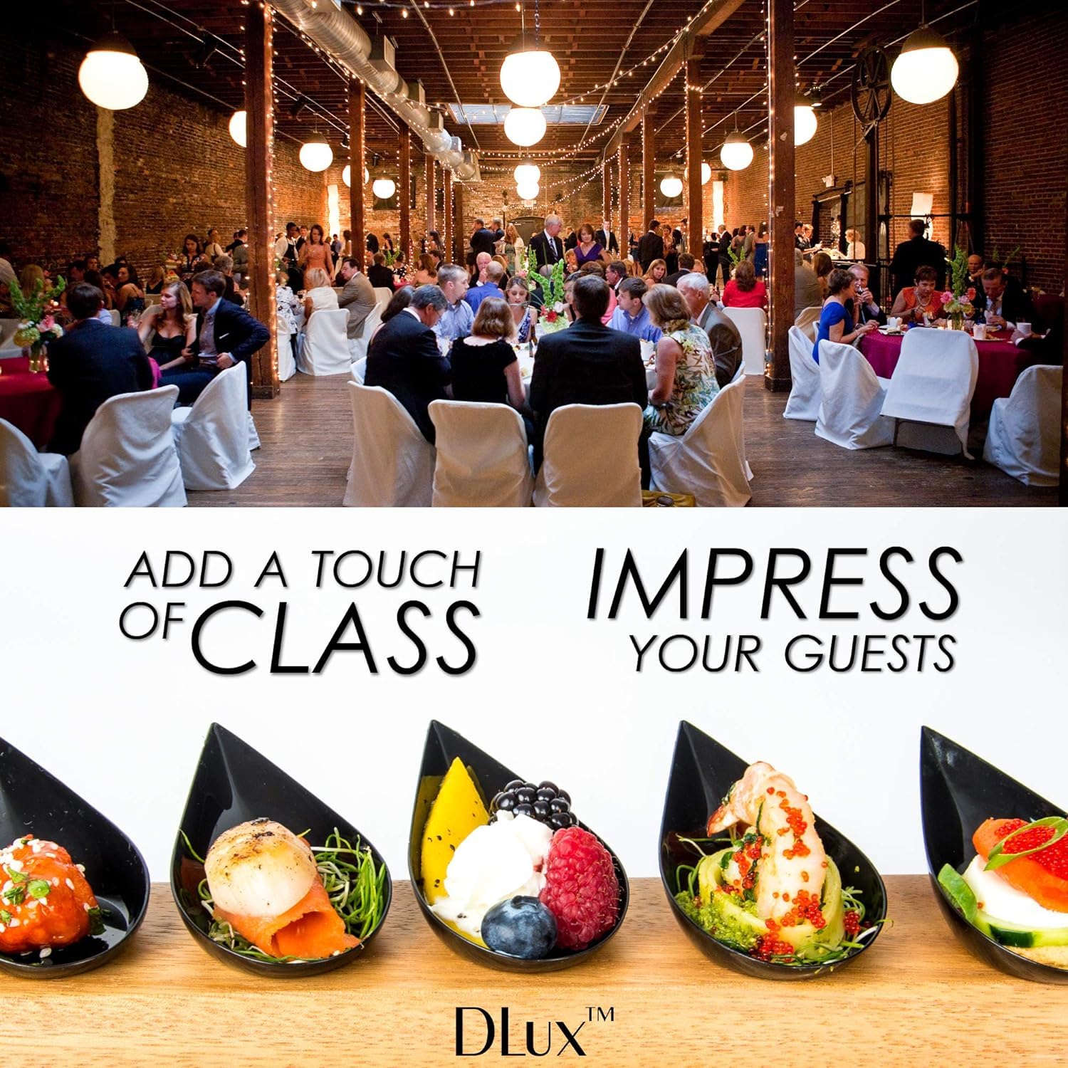 Dlux 100 4-In Tear Drop Mini Appetizer Plates, Reusable Black Plastic Spoons - Desserts And Appetizers Dishes Serving Plate - As