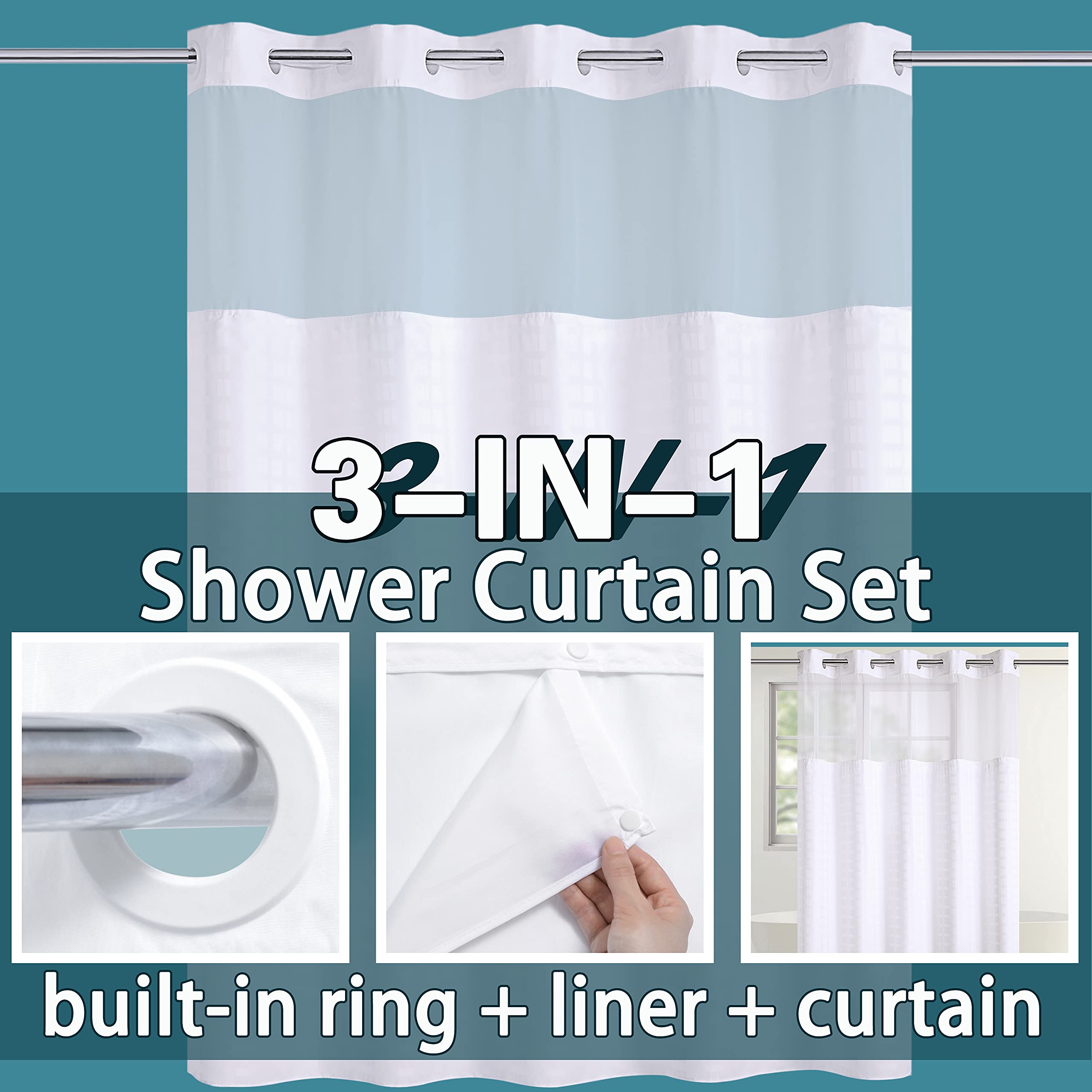 Conbo Mio Hotel Grade Fabric Shower Curtain with Snap in Liner for Bathroom with See Through Top Window  Spa  Machine Washable  Shower Curtain (Check-White 71Wx74H)