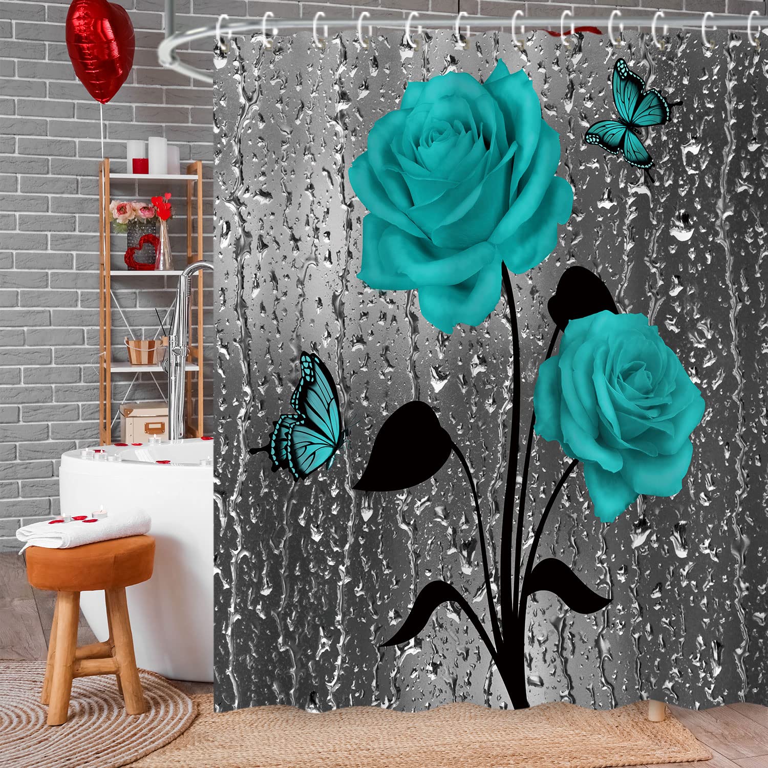 Livilan Teal Shower Curtain, Turquoise Shower Curtain, Gray Shower Curtain Rose Fall Raindrop Dark Blue Floral On Grey Shower Cu
