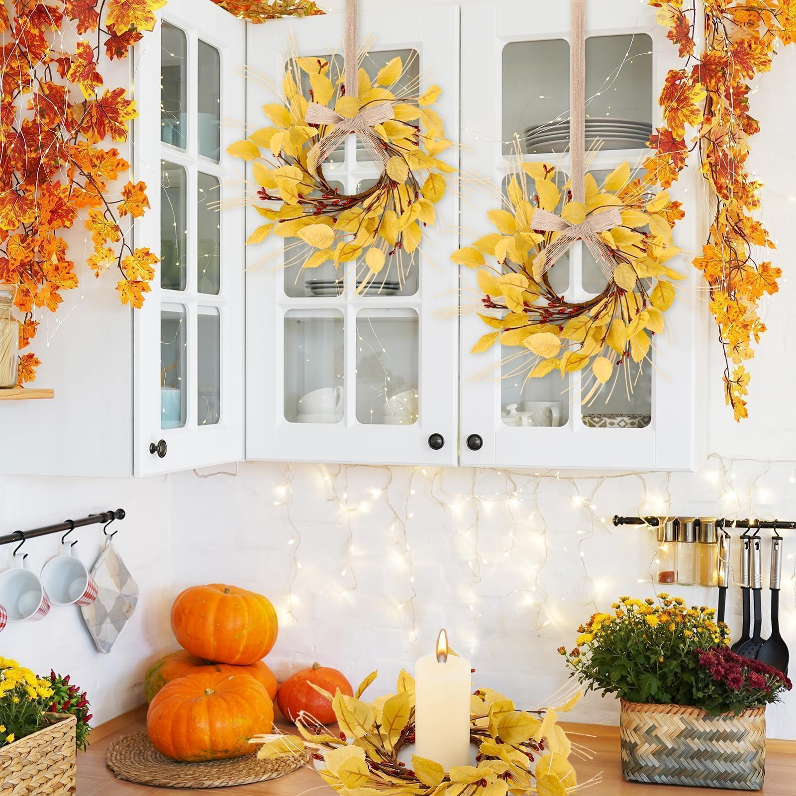6 Pcs Fall Eucalyptus Leaves Wreaths for Kitchen Cabinets 3 Inch Front Door Mini Autumn Candle Rings Wreath with Red Berries Art