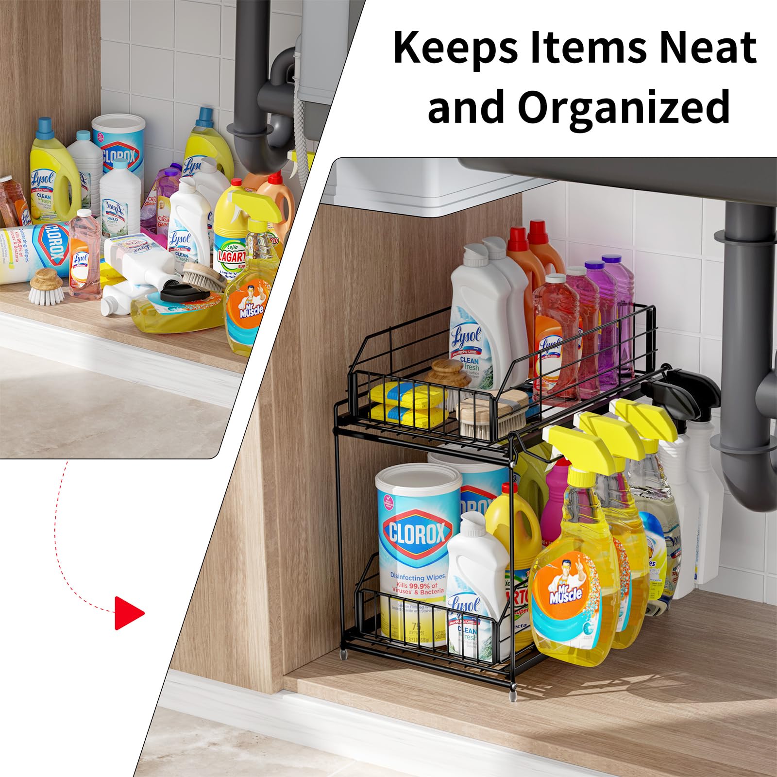 Sueh Design Under Sink Organizer, 2 Tier Bathroom Cabinet Organizer Metal Kitchen Sink Organzier With Hanging Rail For Kitchen B
