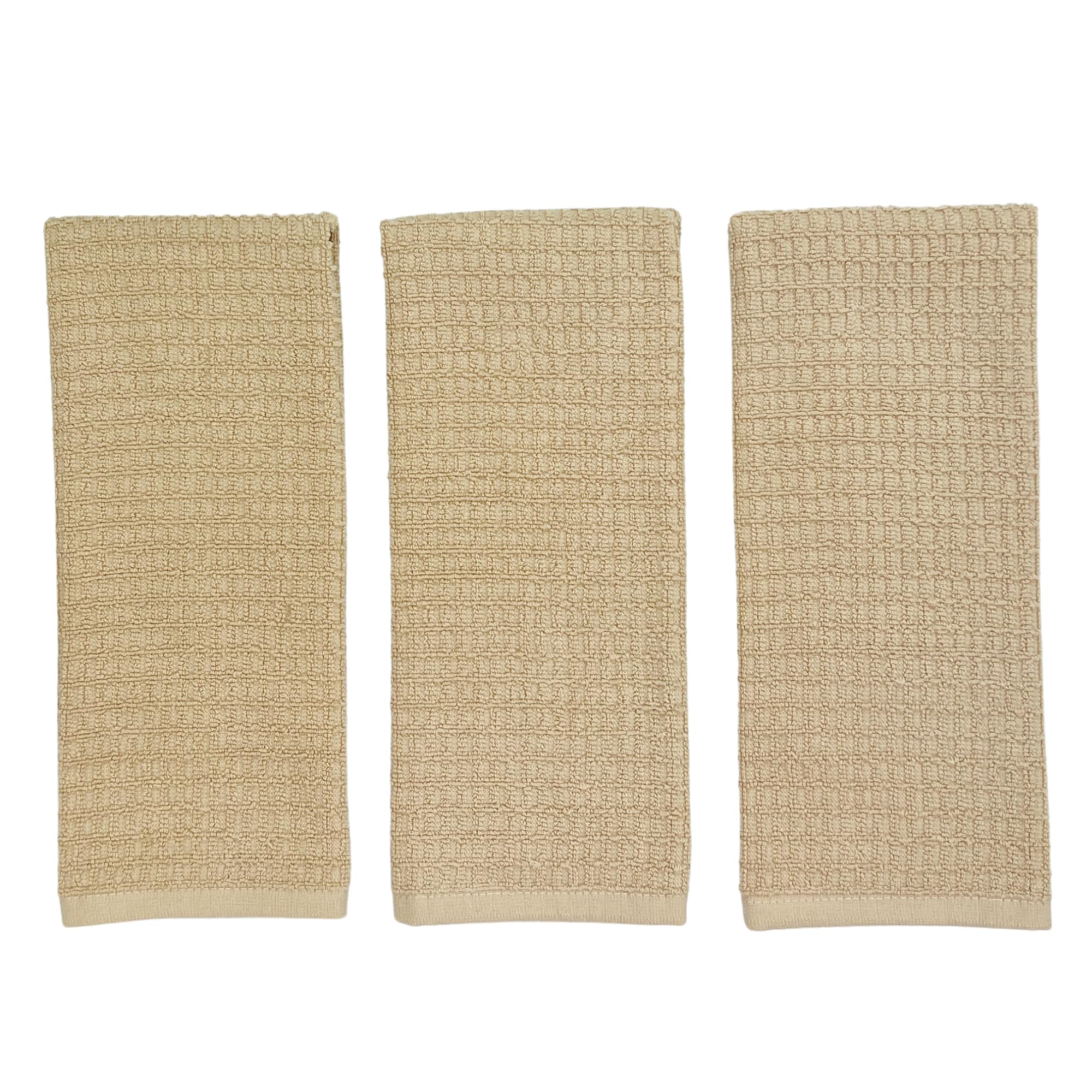 Tan Beige Kitchen Dish Hand Towels 100% Cotton Waffle Cloth Soft Cleaning Drying Absorbent Terry Box Loop: Set Of 3 Multipurpose