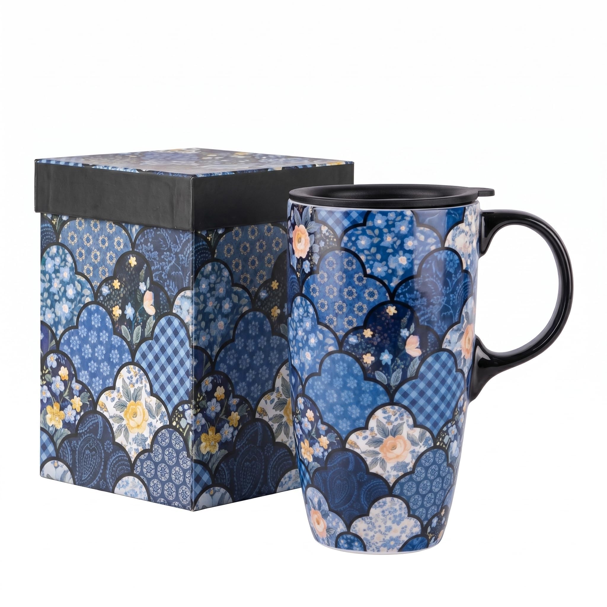 Topadorn 17oz Ceramic Travel Mug with Lid, Blue Floral Coffee Mug with Handle, Large Ceramic Travel Cup, Microwave & Dishwasher 