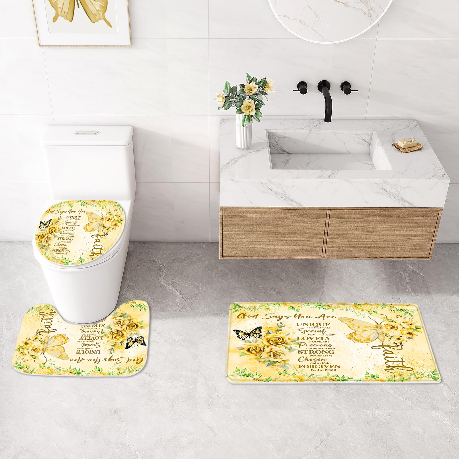 Litabel 4 Pcs Yellow Butterfly Inspirational Quotes Shower Curtain Set With Rugs And Toilet Lid Cover, Colorful Boho Waterproof