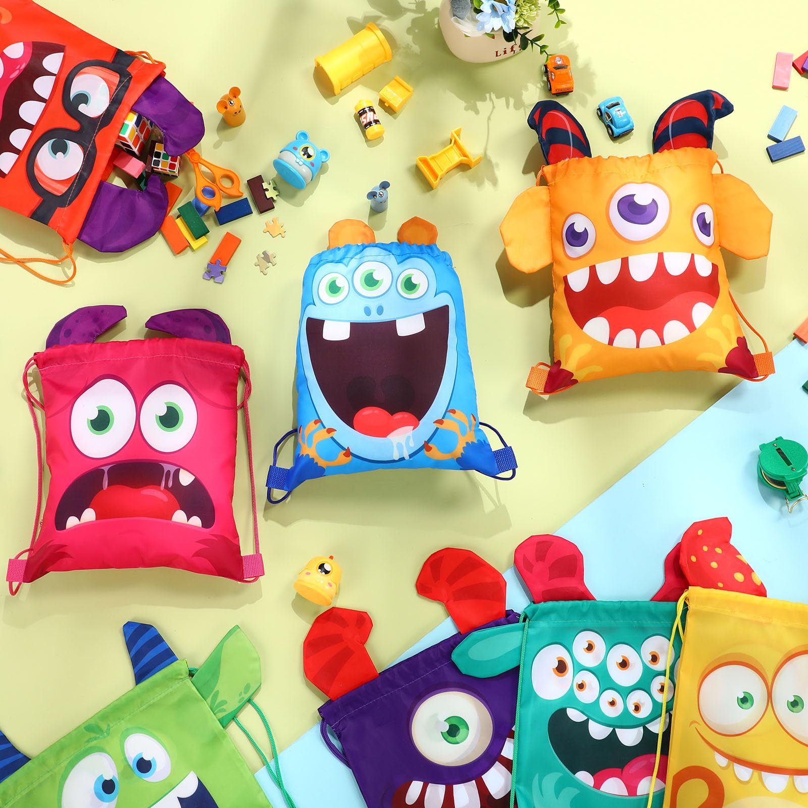 Hillban 16 Pcs Animal Drawstring Bags For Kids Party Favors Drawstring Backpack With Ear For Safari Birthday(Monster Style)