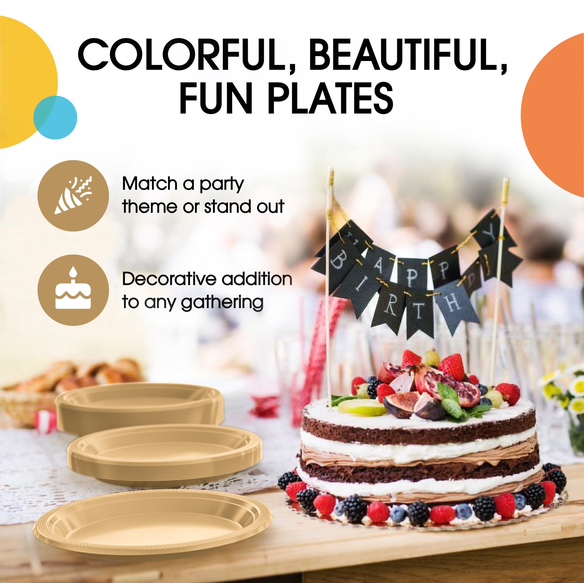 Exquisite 7 Inch. Gold Plastic Dessert/Salad Plates - Solid Color Disposable Plates - 100 Count