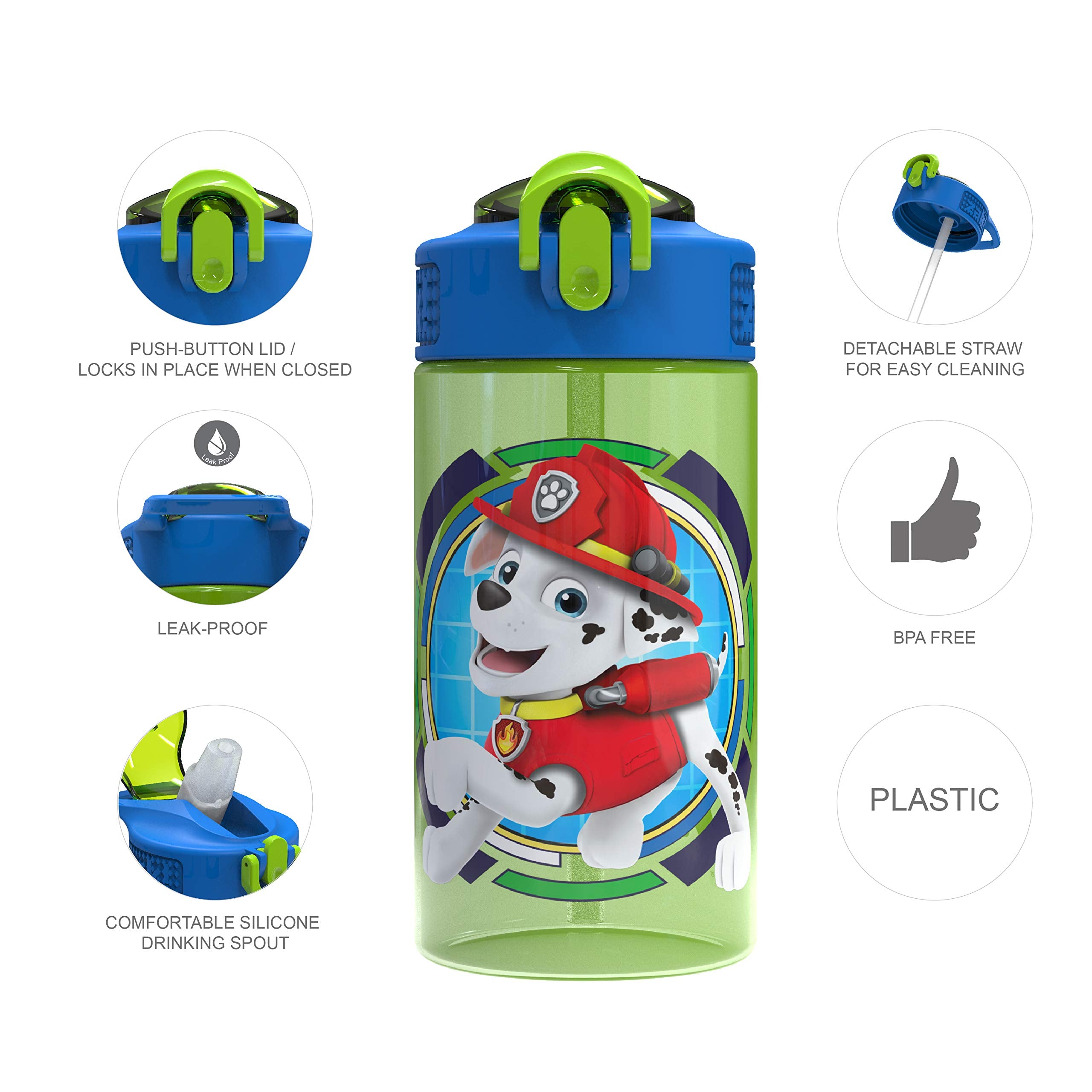 Zak Designs Paw Patrol Kids Spout Cover and Built-in Carrying Loop Made of Plastic  Leak-Proof Water Bottle Design (Rocky  Rubble & Chase  16 oz  BPA-Free)