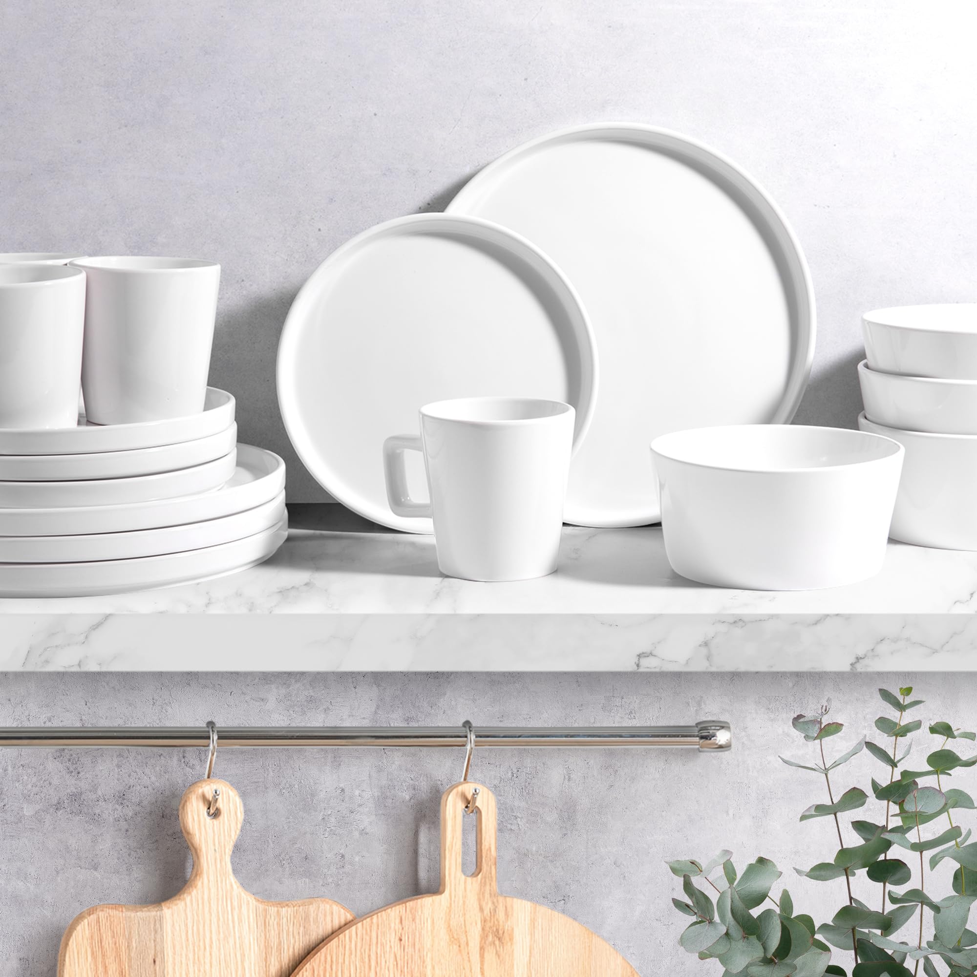 Zulay Kitchen Terra Stoneware Dinnerware Set, Artisanal Ceramic Plates and Bowls Set Crafted at 2300? - Service for 4, Frost Whi