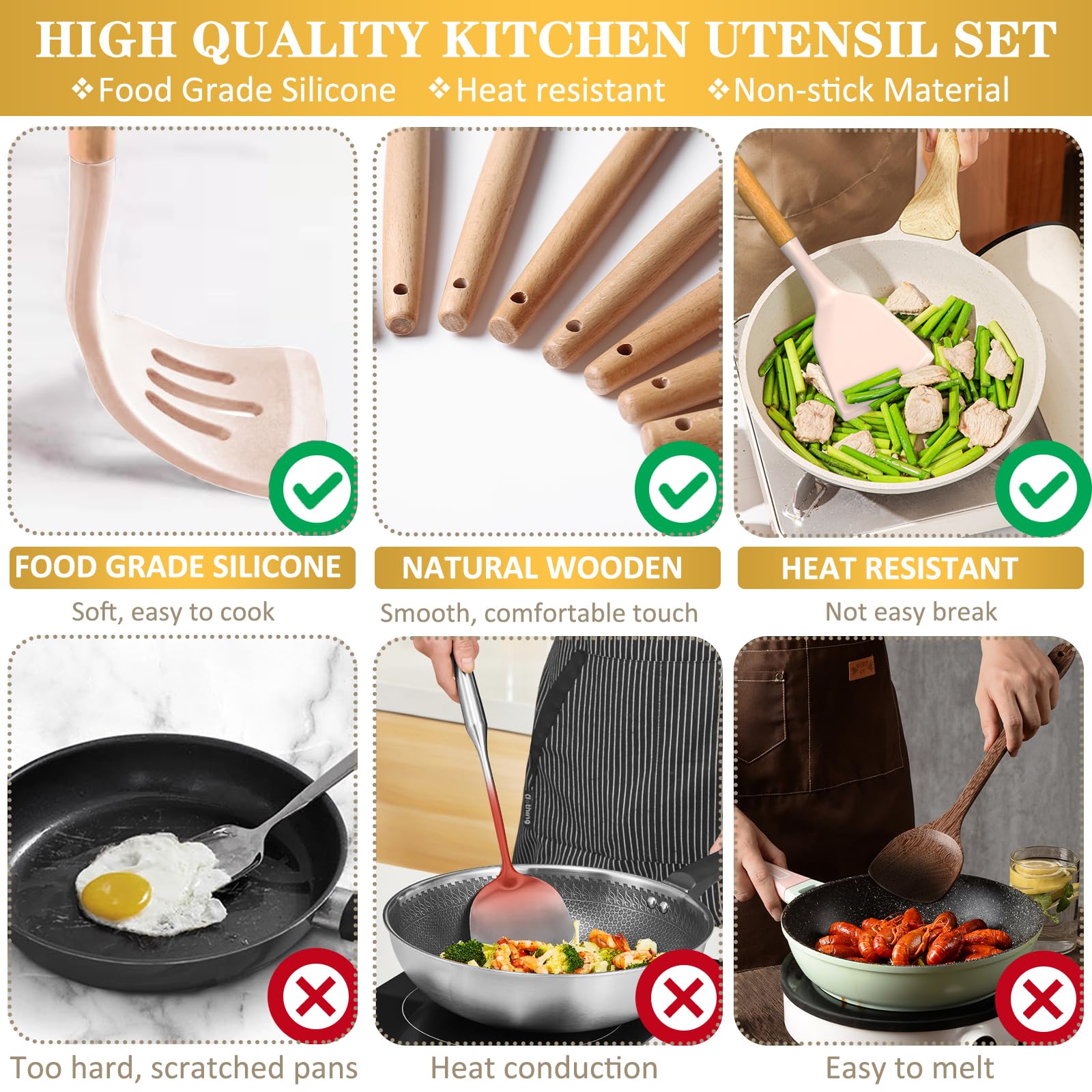 Silicone Cooking Utensils Set, 43Pcs Non-Stick Heat Resistant Kitchen Utensils Spatula Set With Wooden Handle For Baking, Cookin
