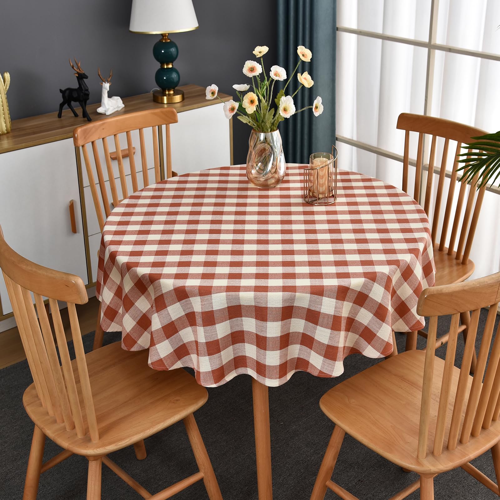 Yofori Gingham Table Cloth for Round Tables Orange Checkered Plaid Tablecloth Heavy Duty Cotton Blend Washable & Wrinkle Table C