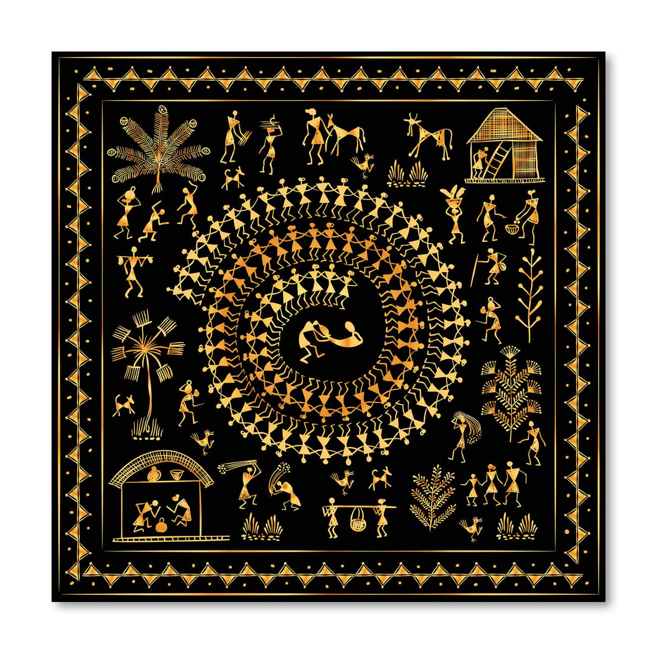 Tamatina Warli Art Canvas Paintings | Festival Night | Tribal Art | Traditional Art Paintings for Home dcor|Size - 36X36 Inches.