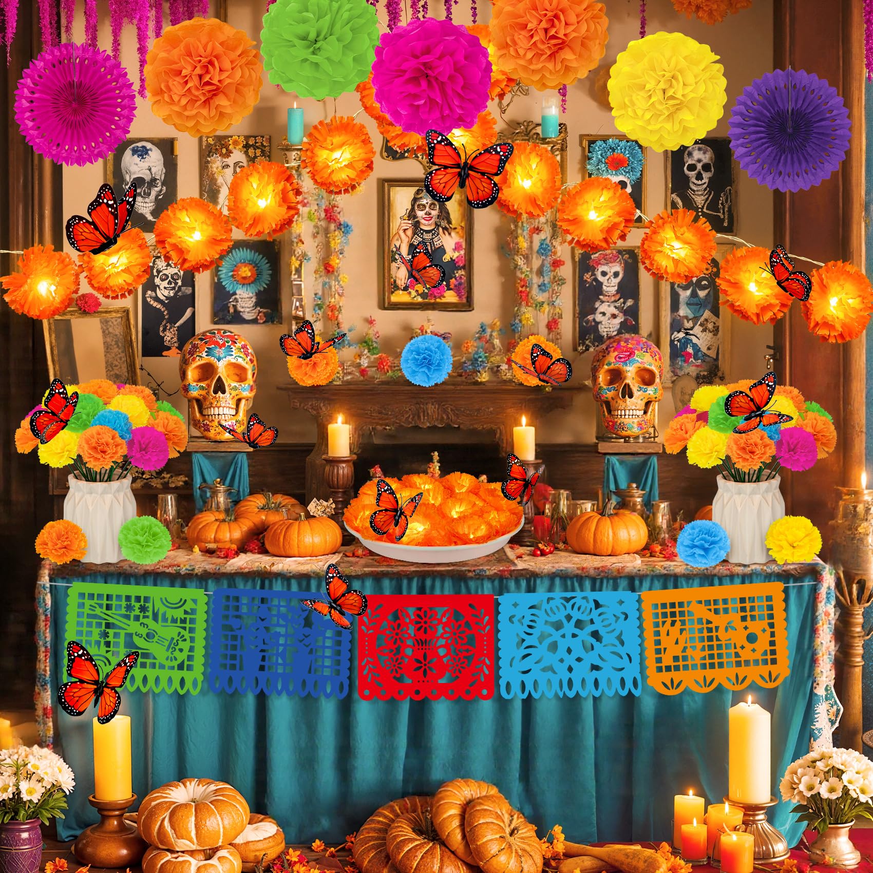 79 Pcs Day of The Dead Decorations Set, 10 Ft 20 LED Marigold Garland, 9 Mexican Banner, 50 Marigold Flowers with Stem, 7 Paper