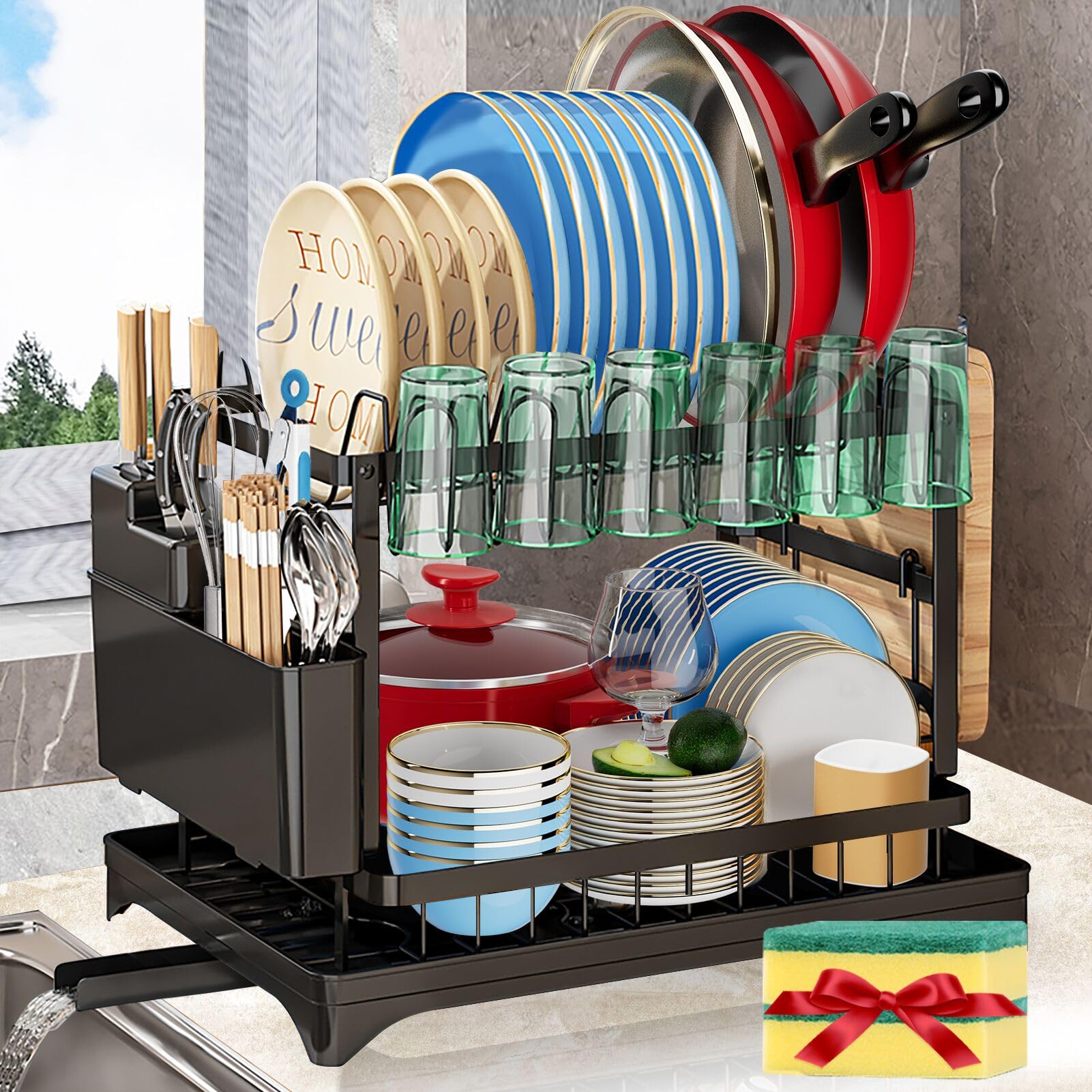 Xlmys Dish Drying Rack, 2 Tier Large Dish Drying Rack For Kitchen Counter With Drainboard Stainless Steel Dish Drainer For Dish/