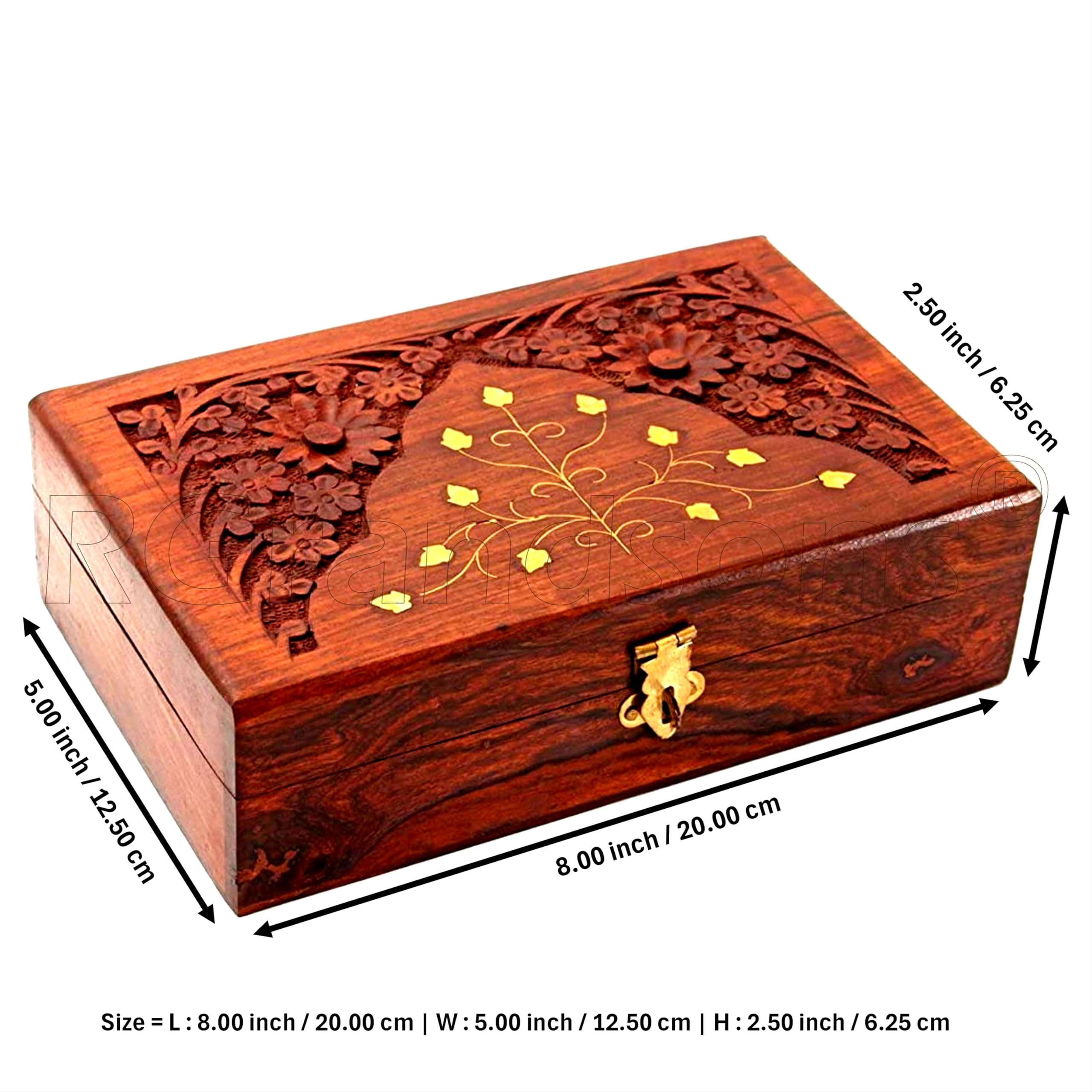 Rgrandsons Handmade Wooden Keepsake Storage Box Jewelry Trinket Holder Organizer Floral Hand Carvings With Brass Inlay 8 Inch