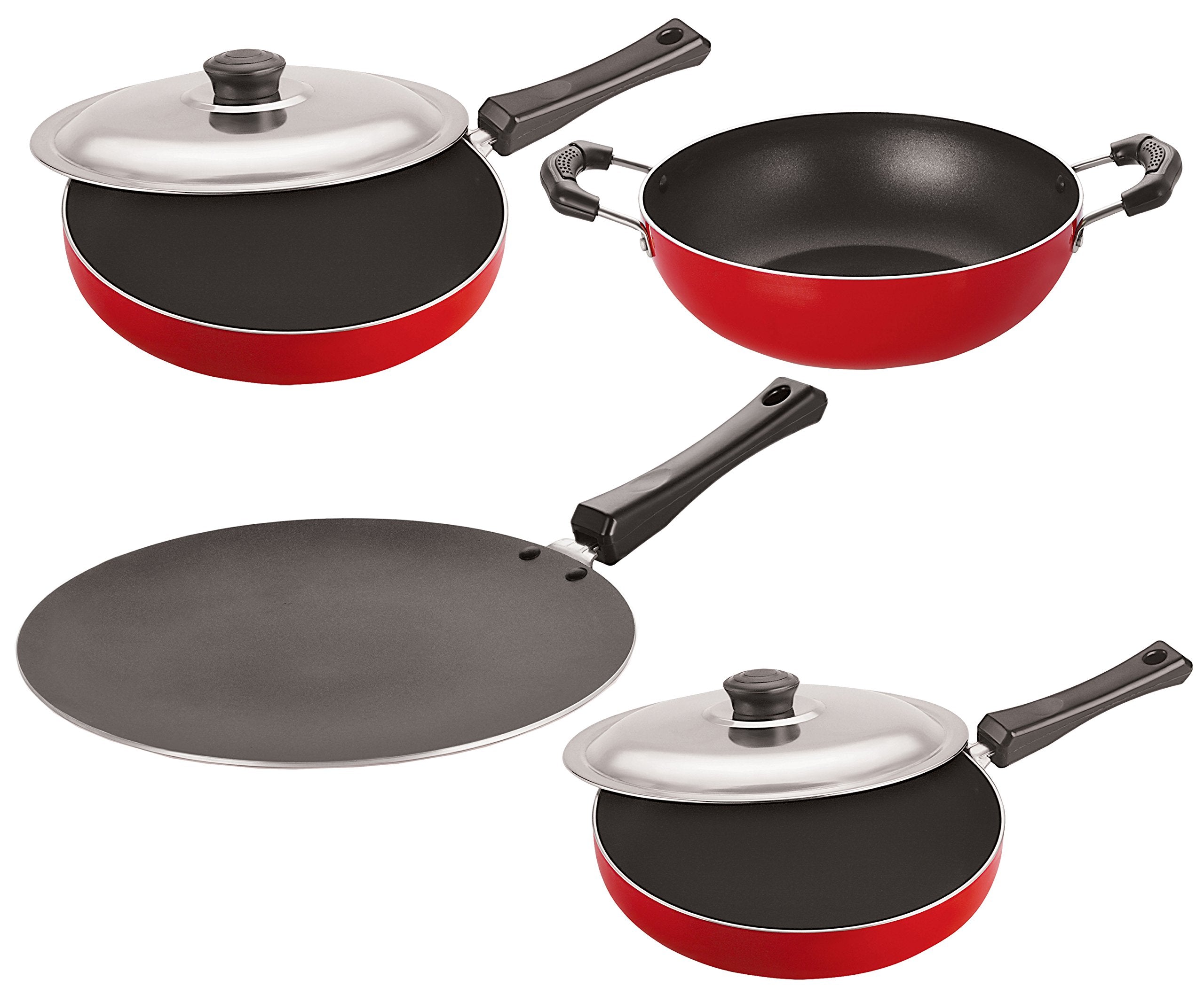 Nirlon NonStick Aluminium Cookware Set, 4Pieces, Red And Black (Ct11_Fp12_Fp13_Kd10)
