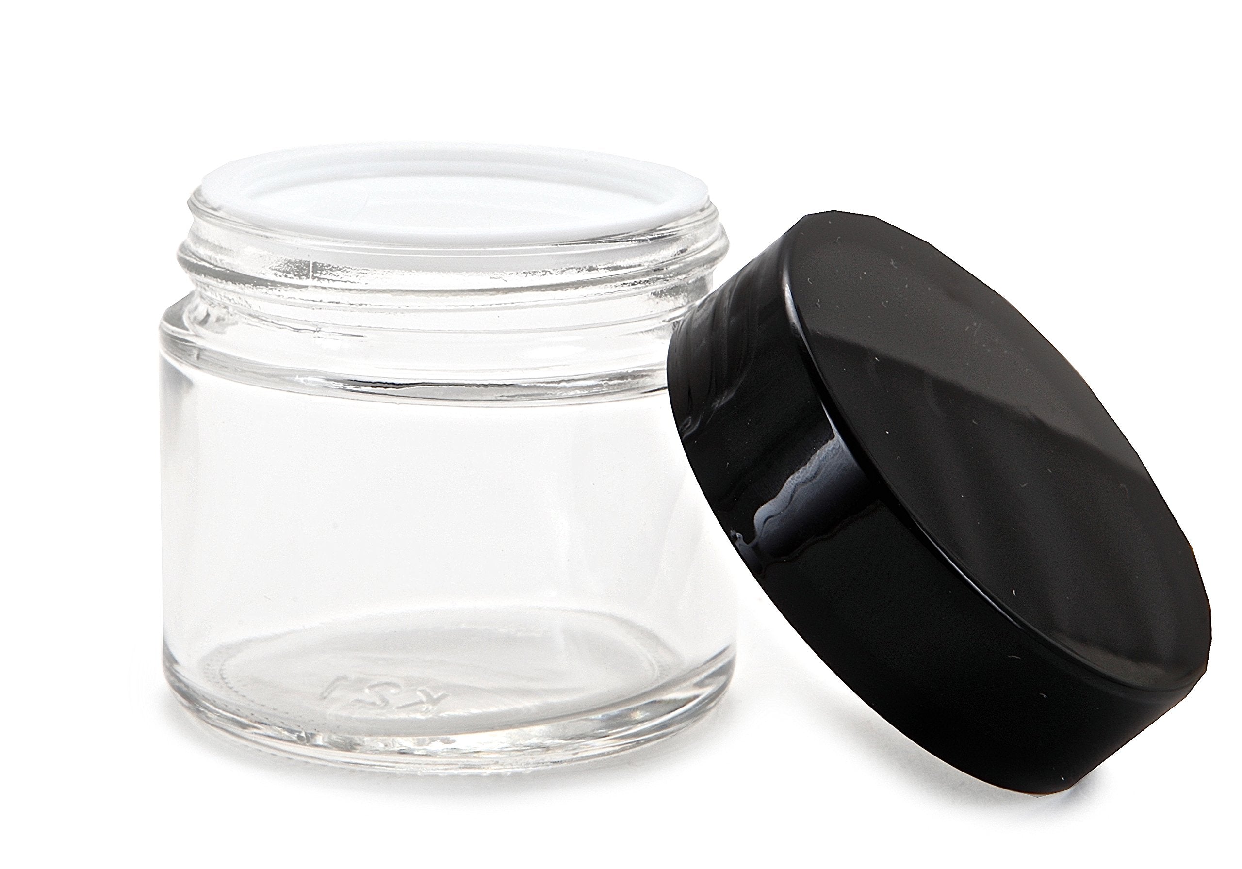 Vivaplex, 12, Clear, 2 Oz, Round Glass Jars, With Inner Liners And Black Lids