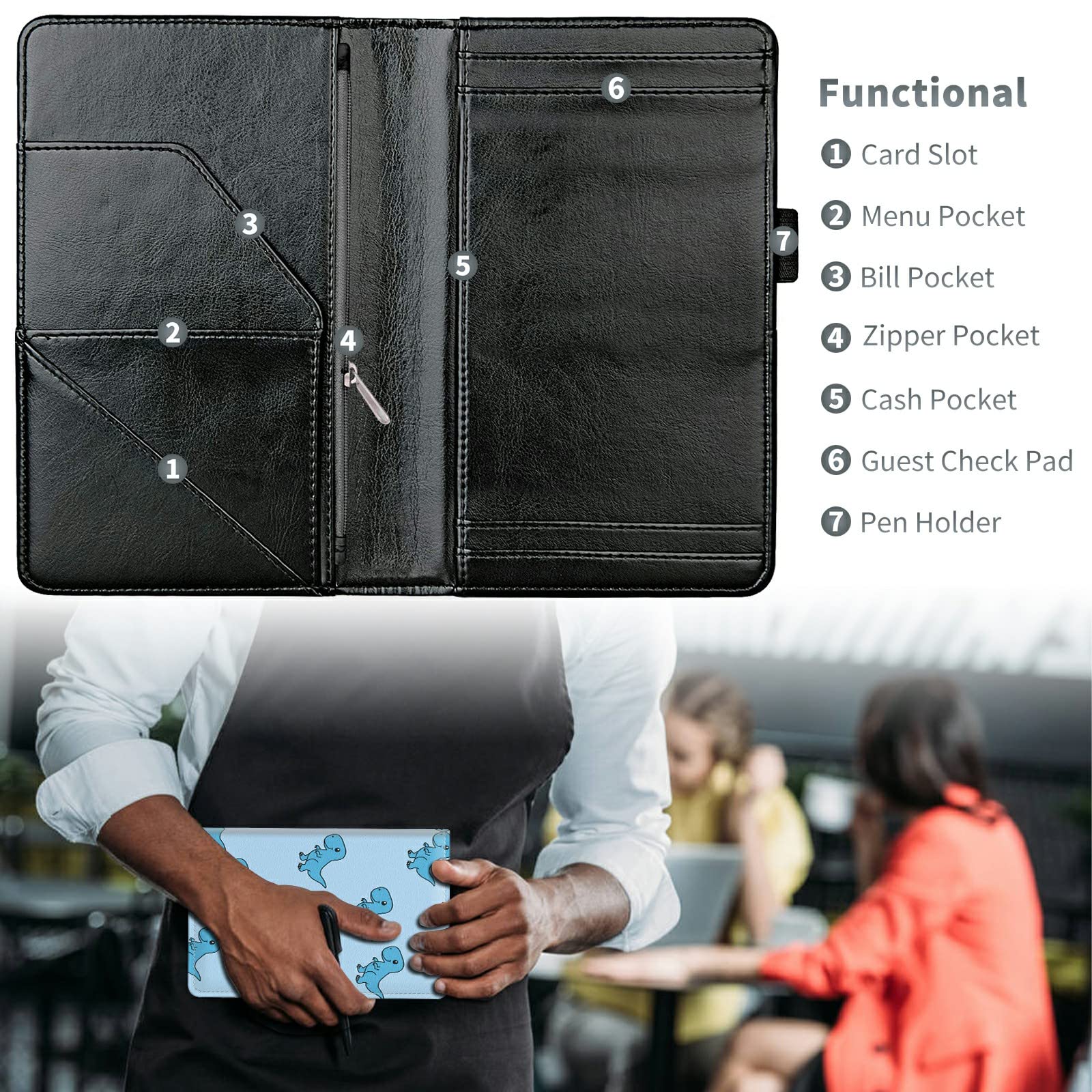 Dinosaur Cute Server Books For Waitress, Waiter Book Server Wallet With Zipper Money Pocket, Waitress Ticket Book Holder Restaur