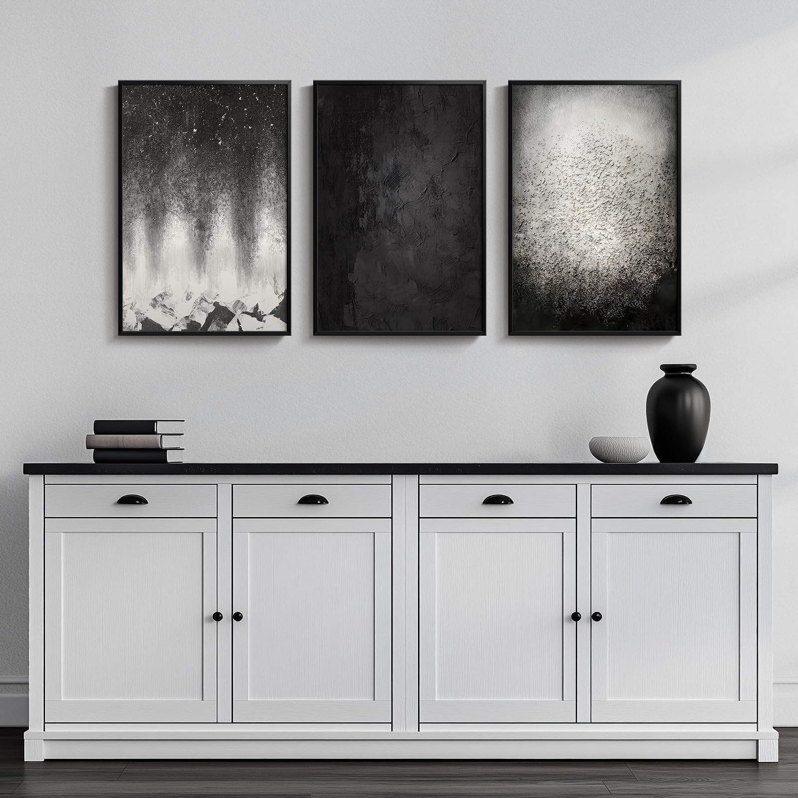 Framed Black And White Abstract Starry Night Wall Art, Set Of 3 Piece Modern Big Canvas Paintings Artwork For Walls, Minimalist