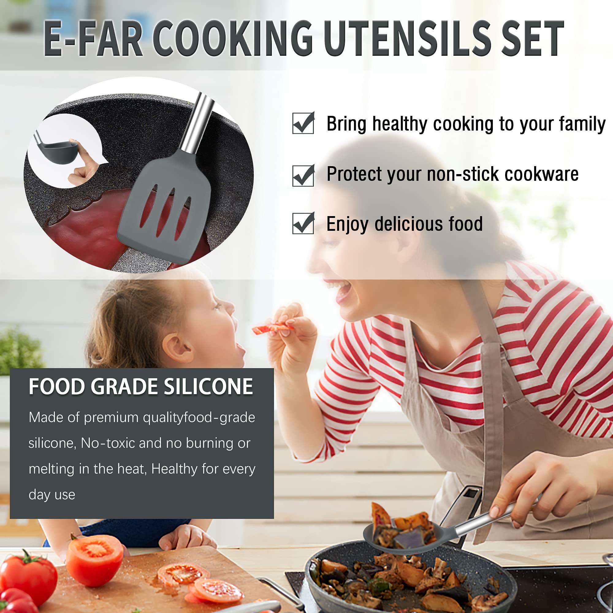Silicone Cooking Utensils Set, E-Far 14-Piece Gray Kitchen Utensils Set With Holder, Kitchen Tools Spatulas With Stainless Steel