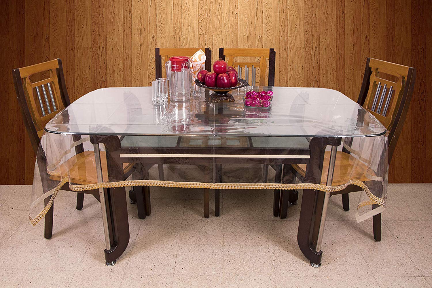 Clasiko 6 Seater Transparent Dining Table Cover; Sweet Golden Lace; Size  60x90 Inches; Material  PVC; Shape  Rectangle; Pack