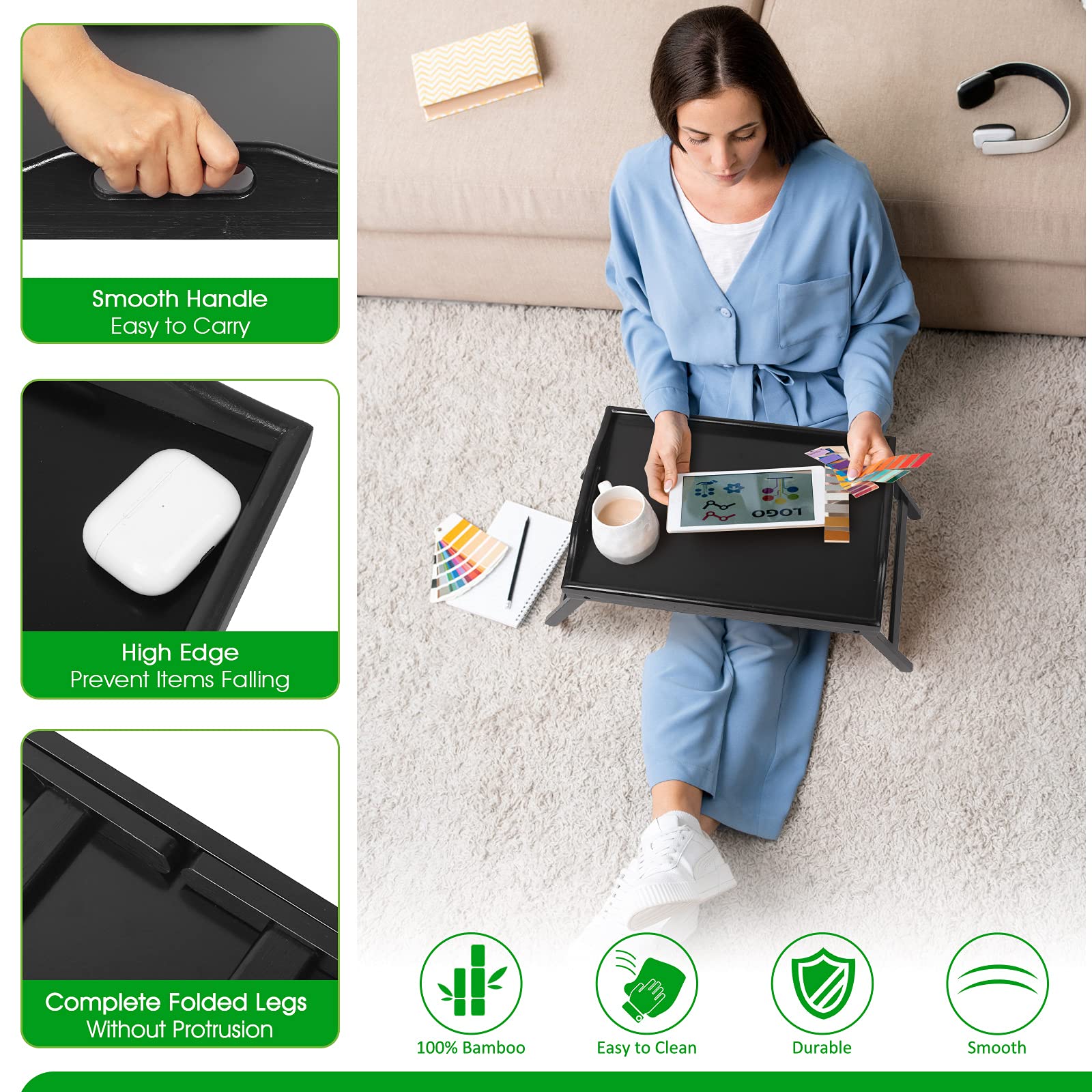 Bed Tray Table Folding Legs With Handles Breakfast Food Tray For Sofa,Bed,Eating,Drawing,Platters Serving Lap Desk Snack Tray(Bl