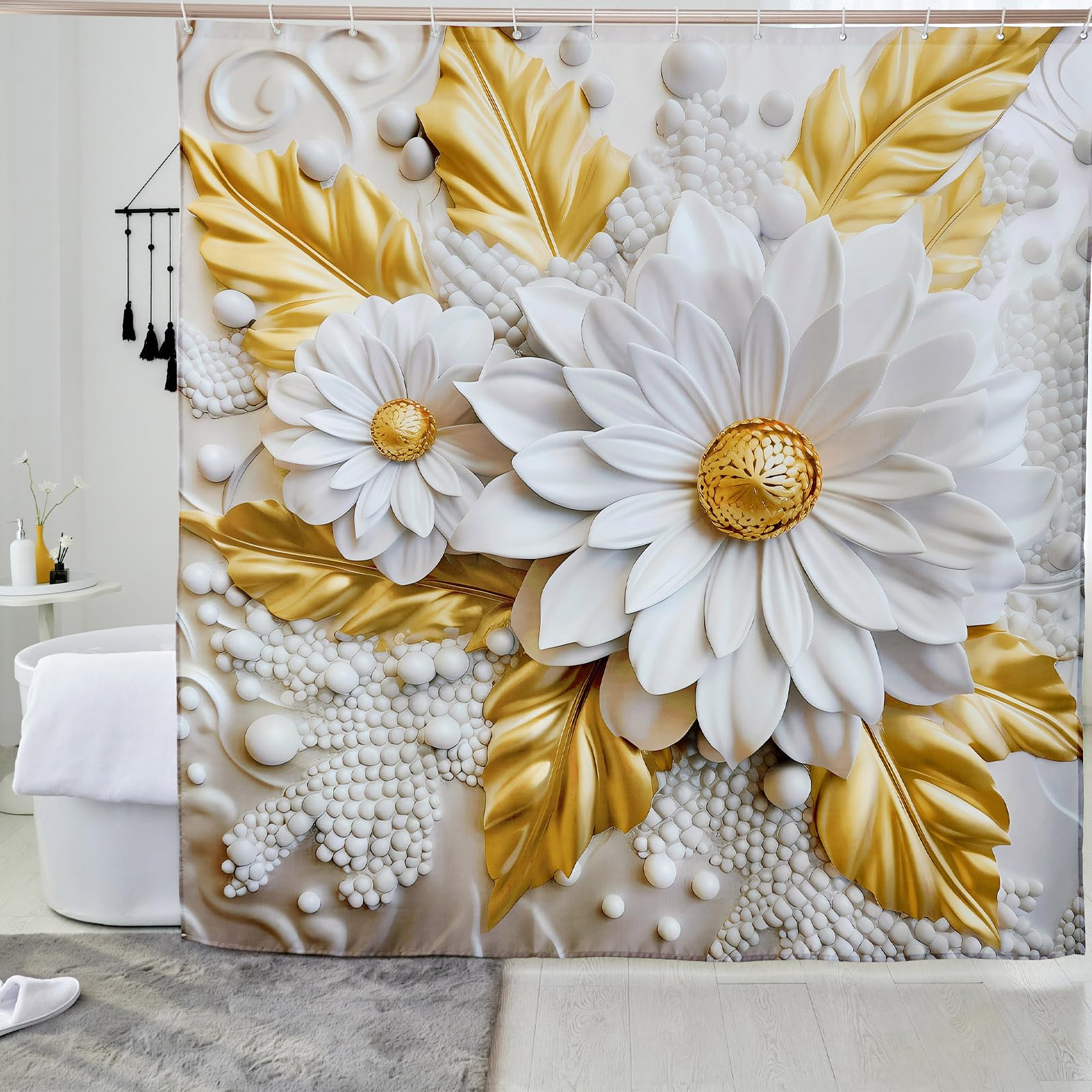 Macofe Luxurious Golden Floral Shower Curtain, Beige Tone With White Flower Pearlescent Fabric Bathroom Decor, Waterproof & Wash