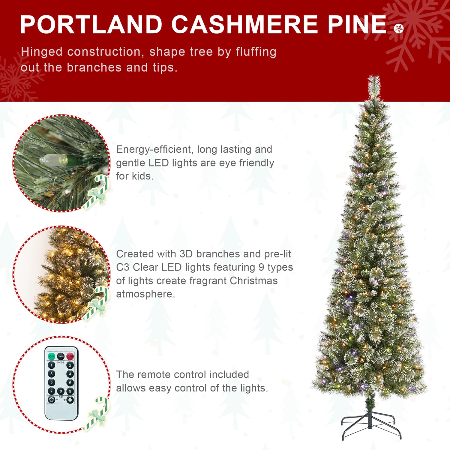 Glitzhome 7.5ft Prelit Christmas Tree, Artificial Christmas Tree, Hinged Pencil Christmas Trees Portland Cashmere Pine with 250
