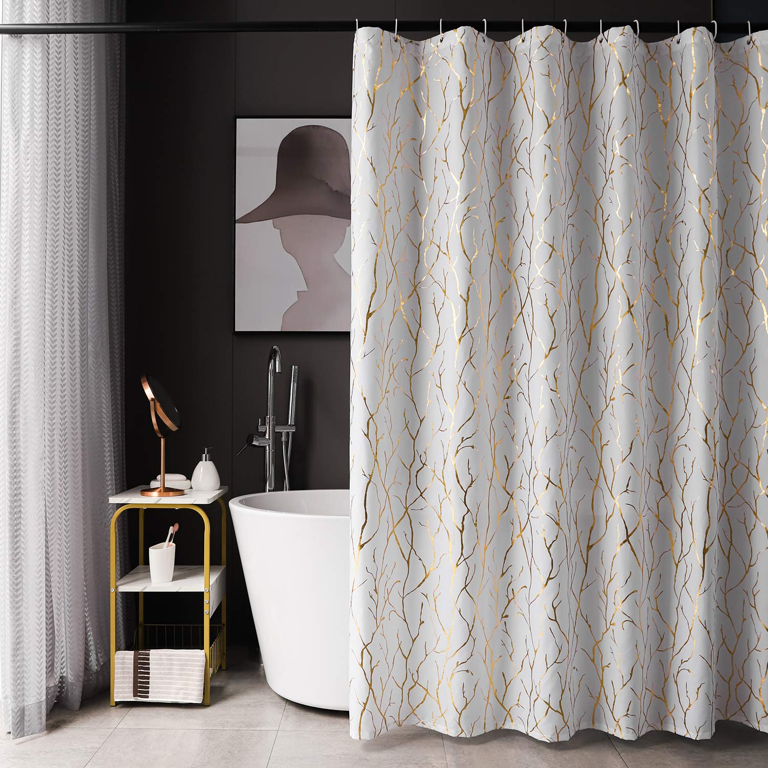 Finecity White Shower Curtain With Gold Branch Pattern 12 Hooks Included, 72 X 72 Inch, 1 Panel