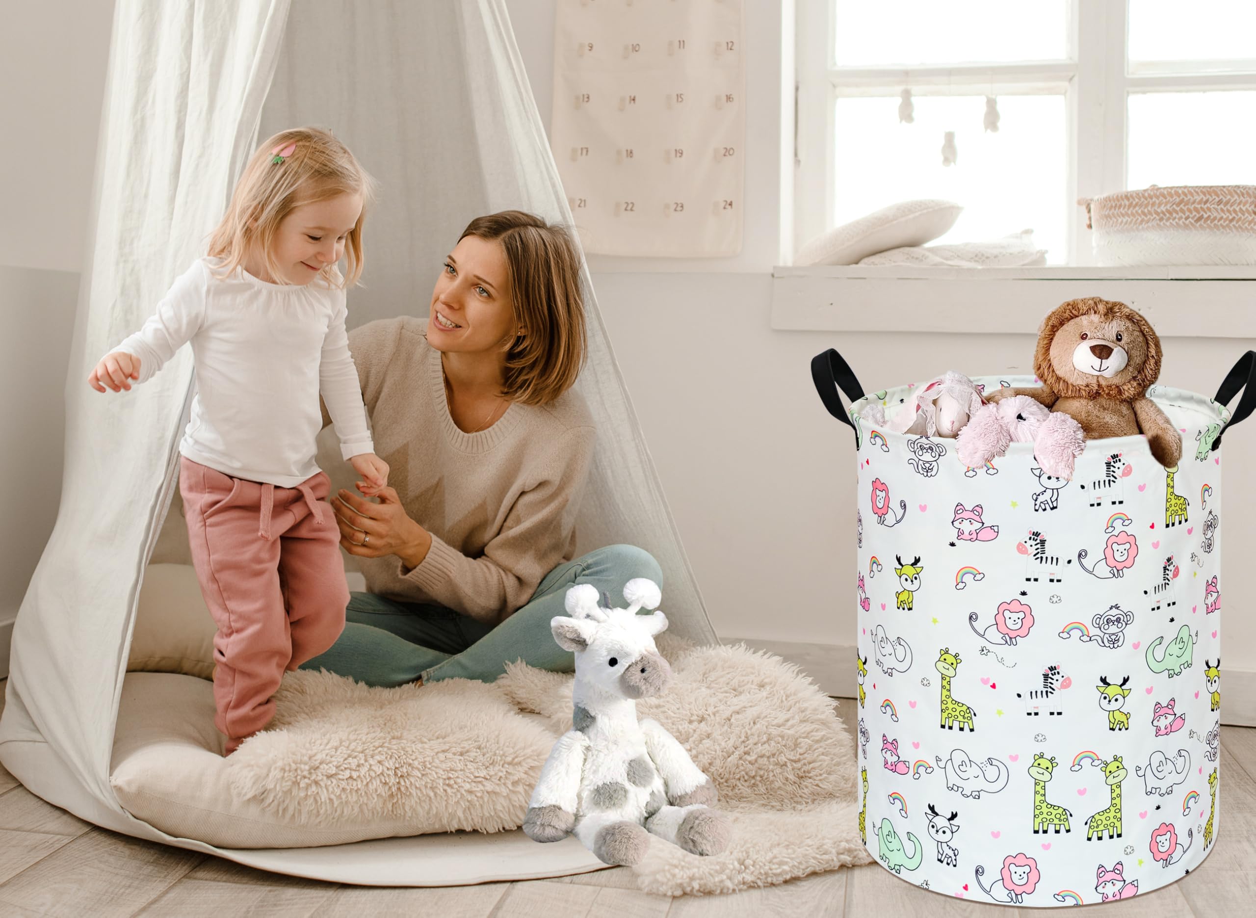 Vaivusto Baby Laundry Basket Kids Hamper,Animals Pattern Canvas Storage Bins Nursery Box For Boys And Girls Toy Gift For Women H